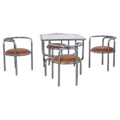 Juego de comedor Gae Aulenti Locus Solus de acero y cuero by Poltronova Años 70