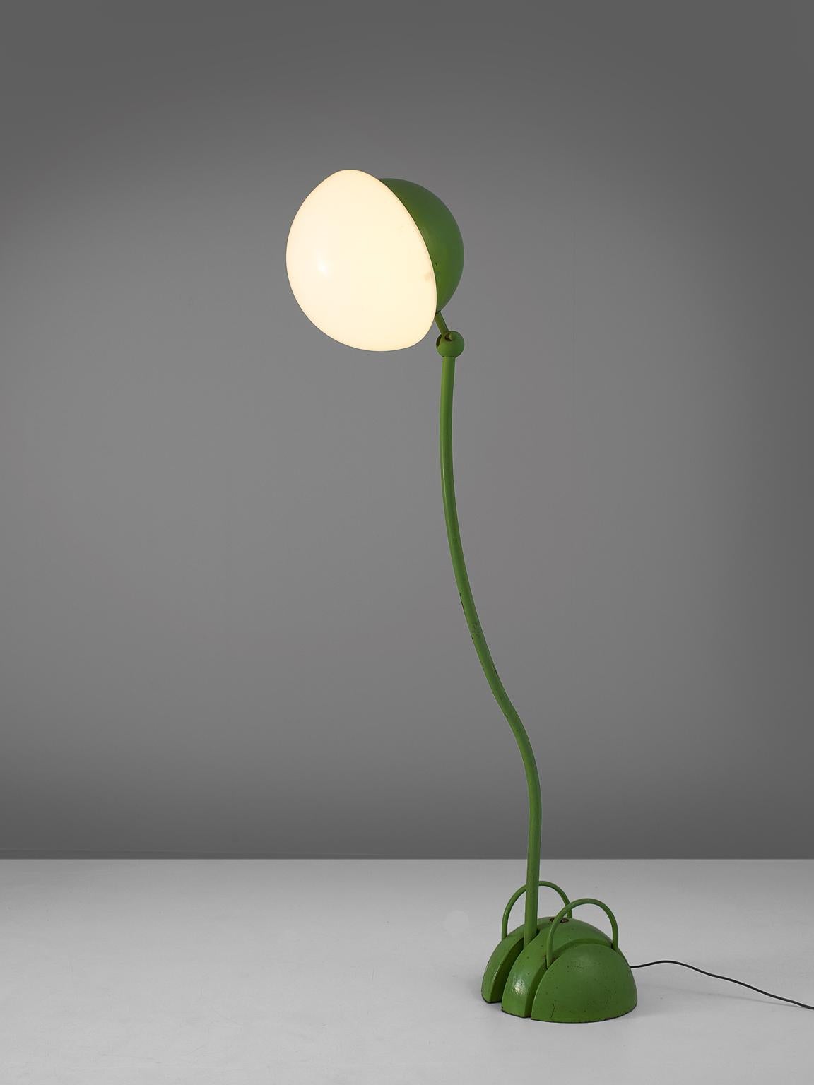 Gae Aulenti for Poltronova, 'Locus Solus' floor lamp, in metal glass, Italy, 1963.

Large green floor lamp designed by Gae Aulenti. The lamp features a large bulb, which is hold up by a lime green organic shaped frame. Very simplistic, yet playful