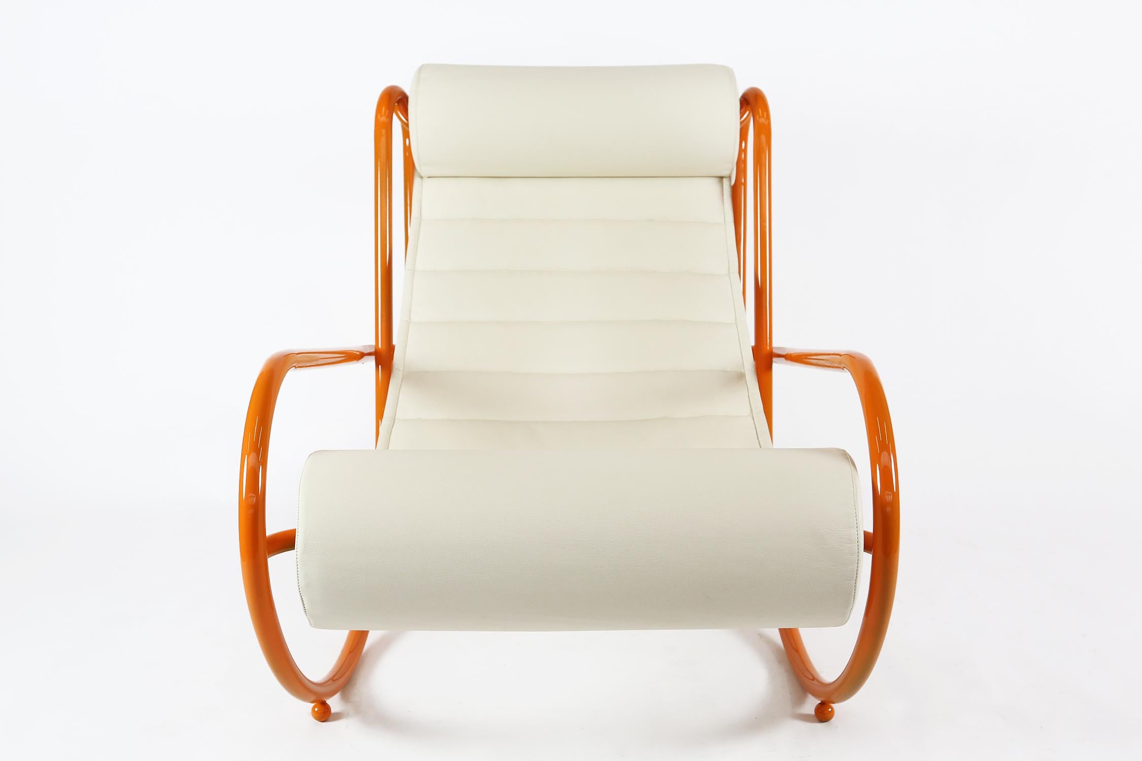 Mid-Century Modern Gae Aulenti Locus Solus Lounge Chair in Orange Colored Metal and Leather