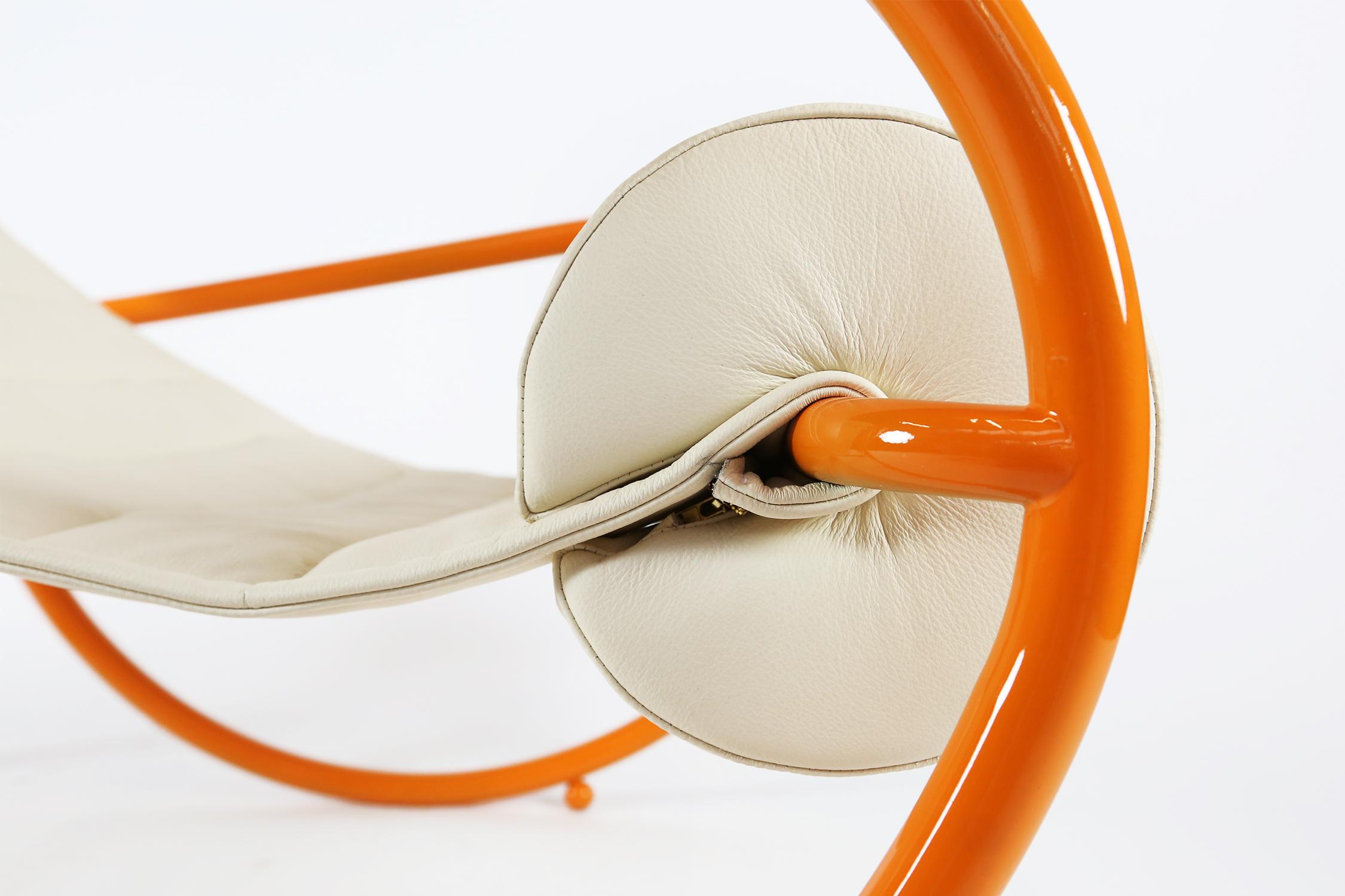 Italian Gae Aulenti Locus Solus Lounge Chair in Orange Colored Metal and Leather