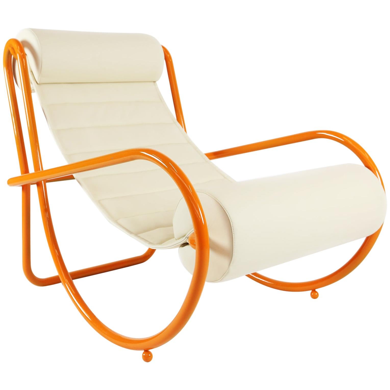 Gae Aulenti Locus Solus Lounge Chair in Orange Colored Metal and Leather