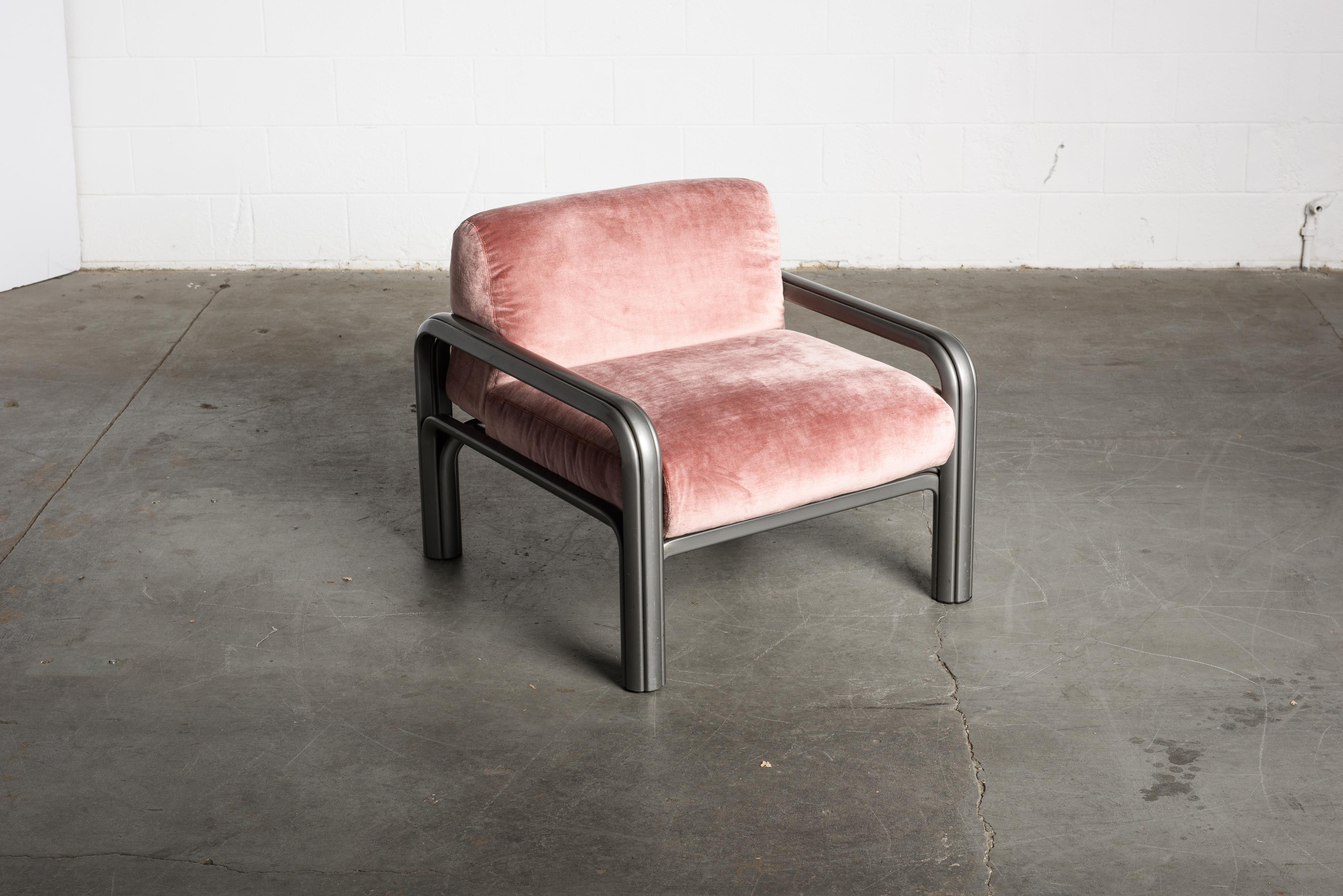 Gae Aulenti Pink Velvet and Grey Steel Lounge Chairs for Knoll International 1