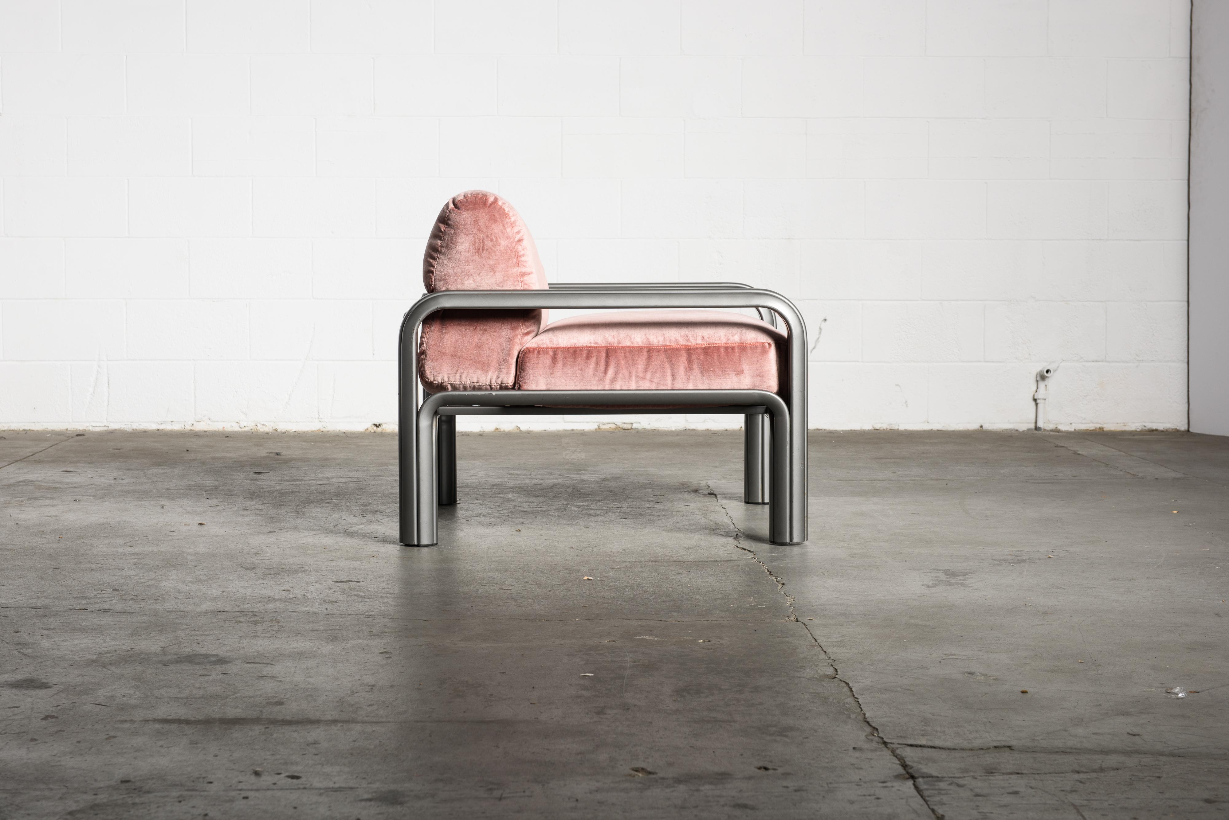 Gae Aulenti Pink Velvet and Grey Steel Lounge Chairs for Knoll International 2