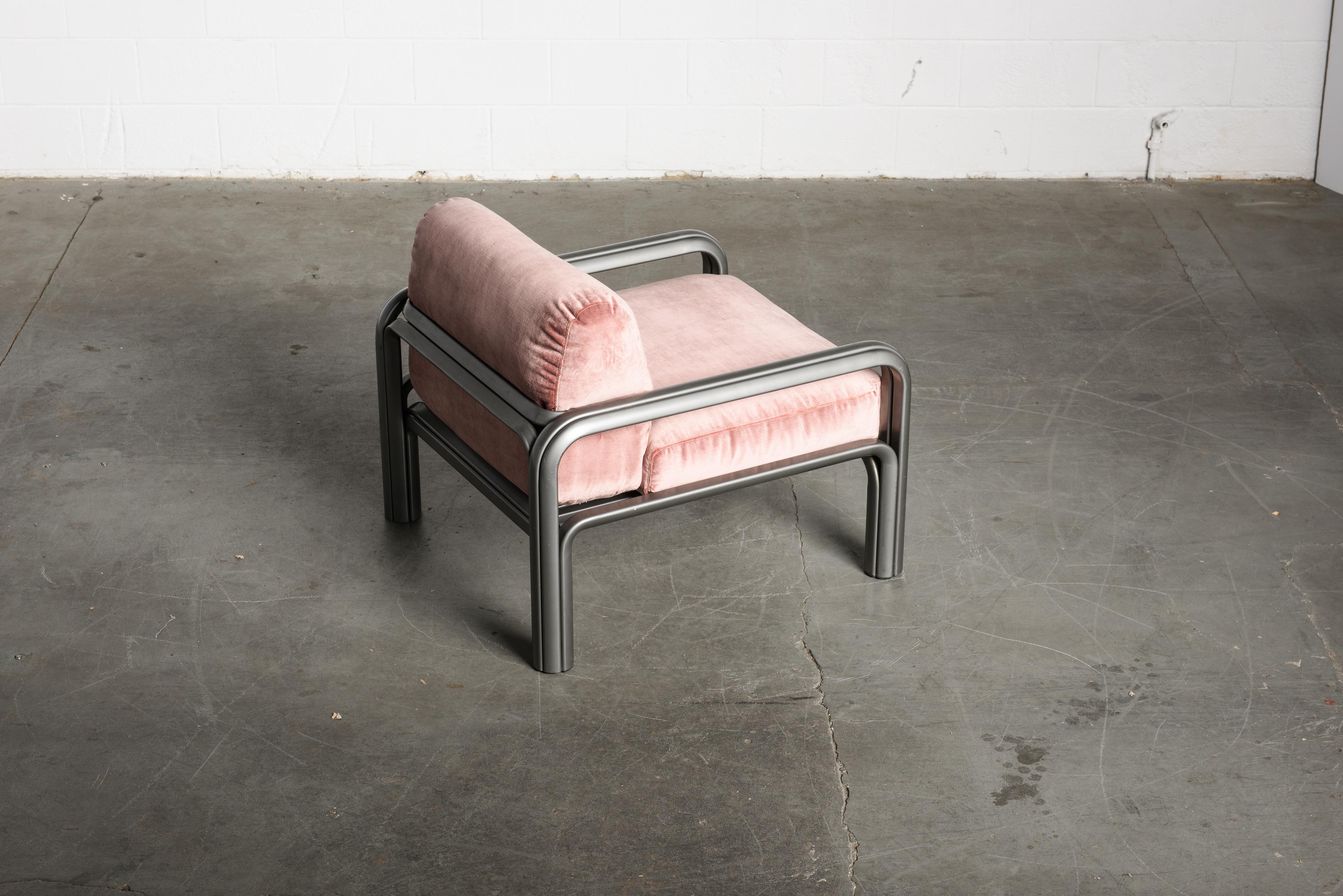 Gae Aulenti Pink Velvet and Grey Steel Lounge Chairs for Knoll International 3