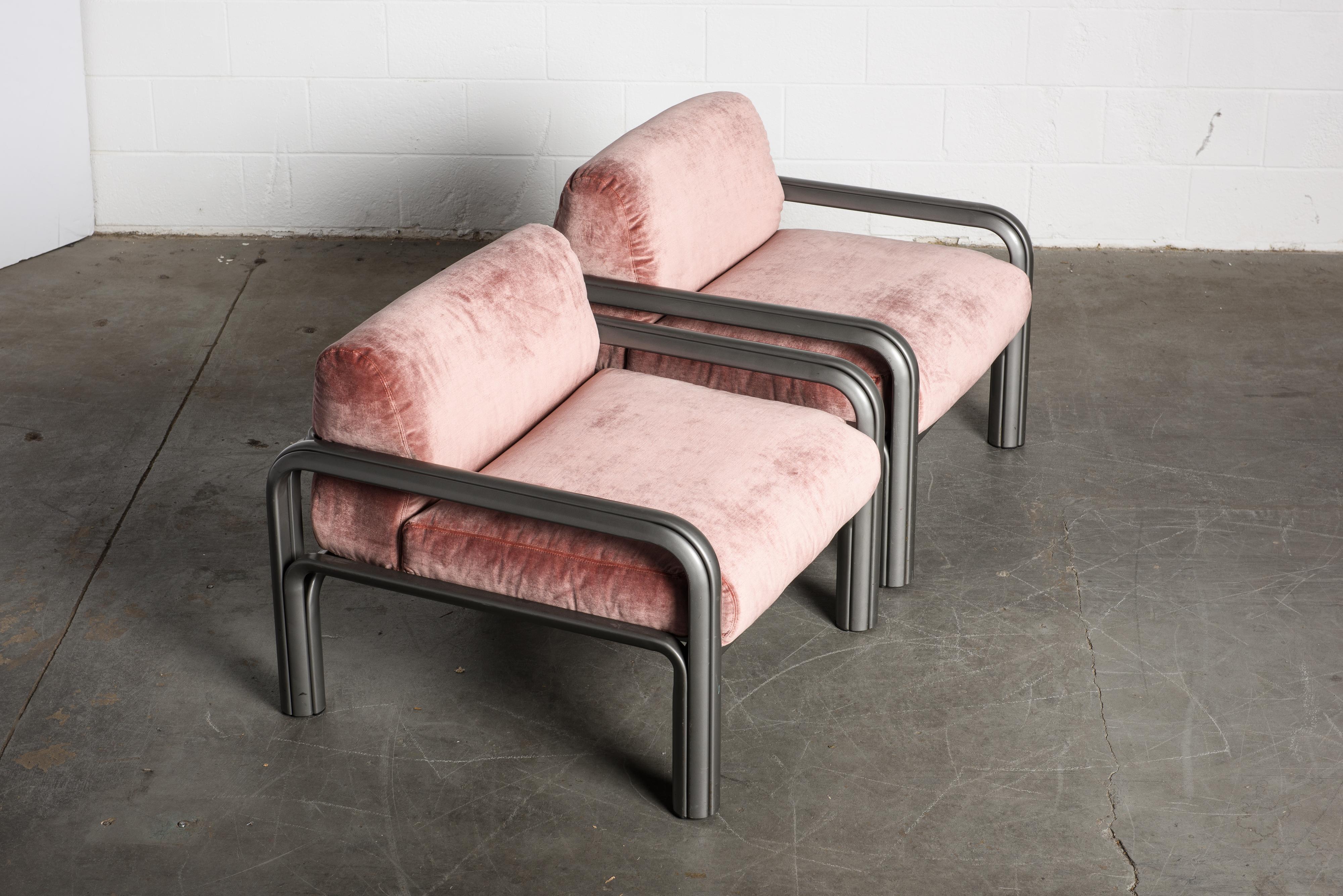 Modern Gae Aulenti Pink Velvet and Grey Steel Lounge Chairs for Knoll International