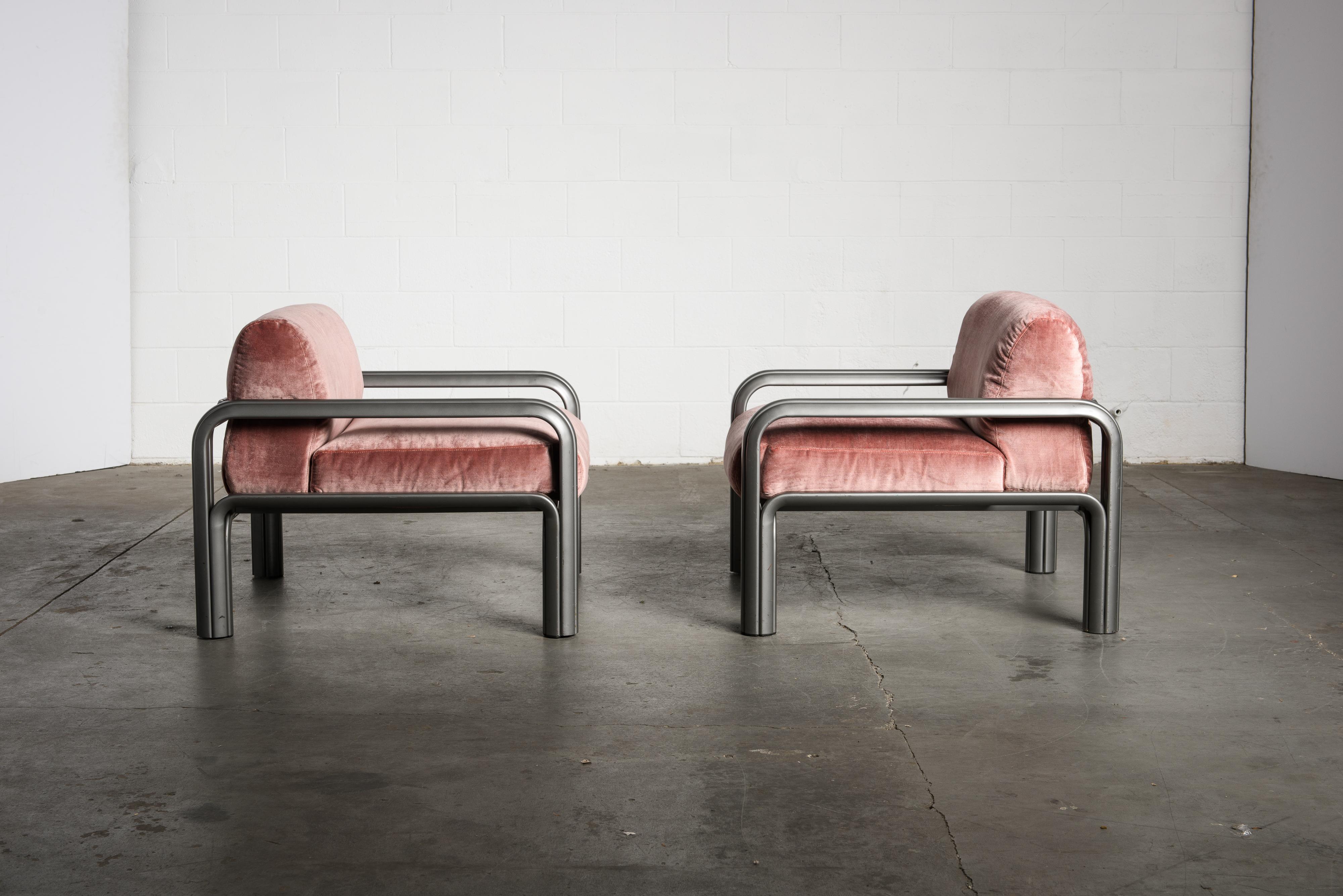 American Gae Aulenti Pink Velvet and Grey Steel Lounge Chairs for Knoll International
