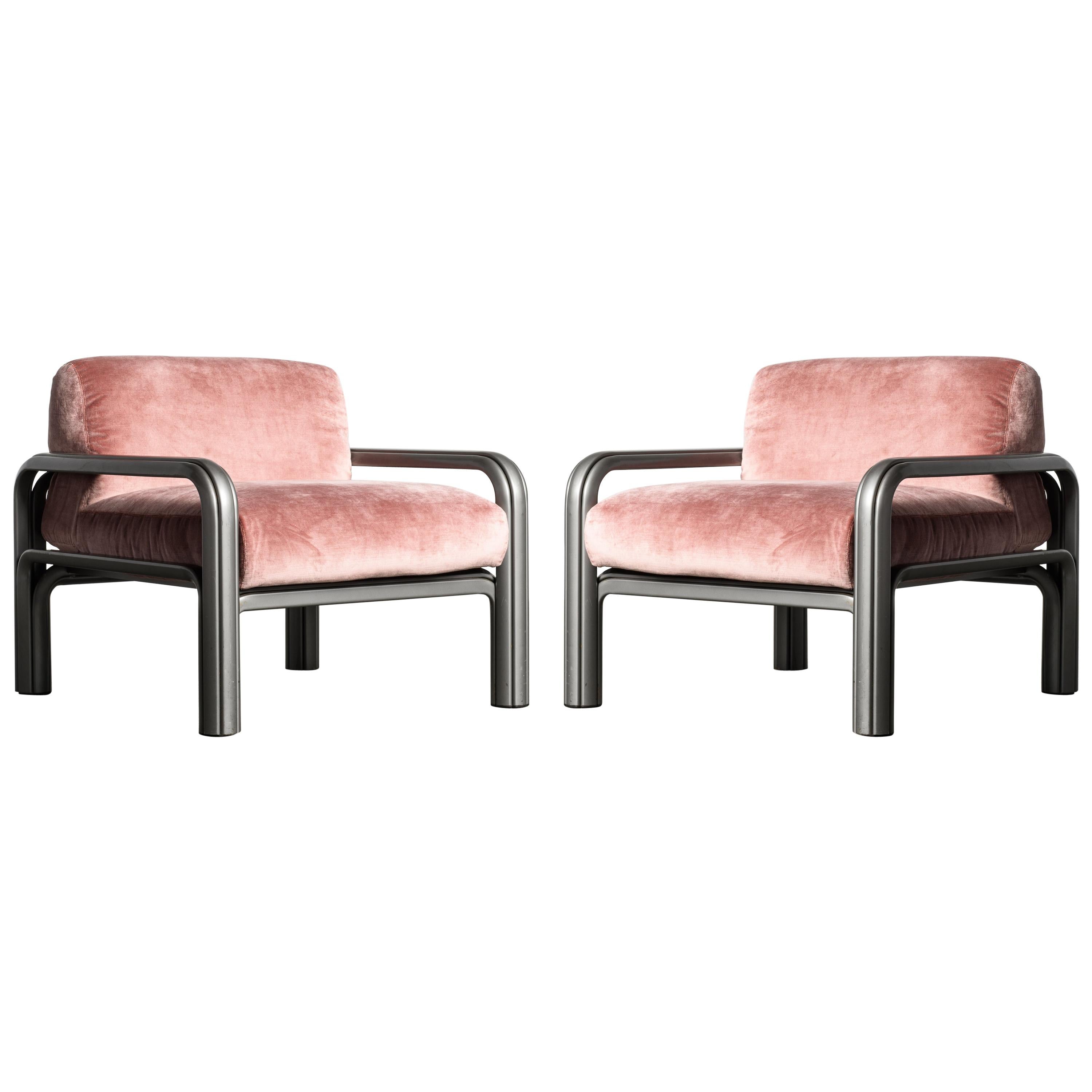Gae Aulenti Pink Velvet and Grey Steel Lounge Chairs for Knoll International