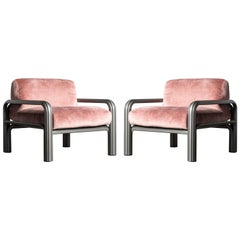 Vintage Gae Aulenti Pink Velvet and Grey Steel Lounge Chairs for Knoll International