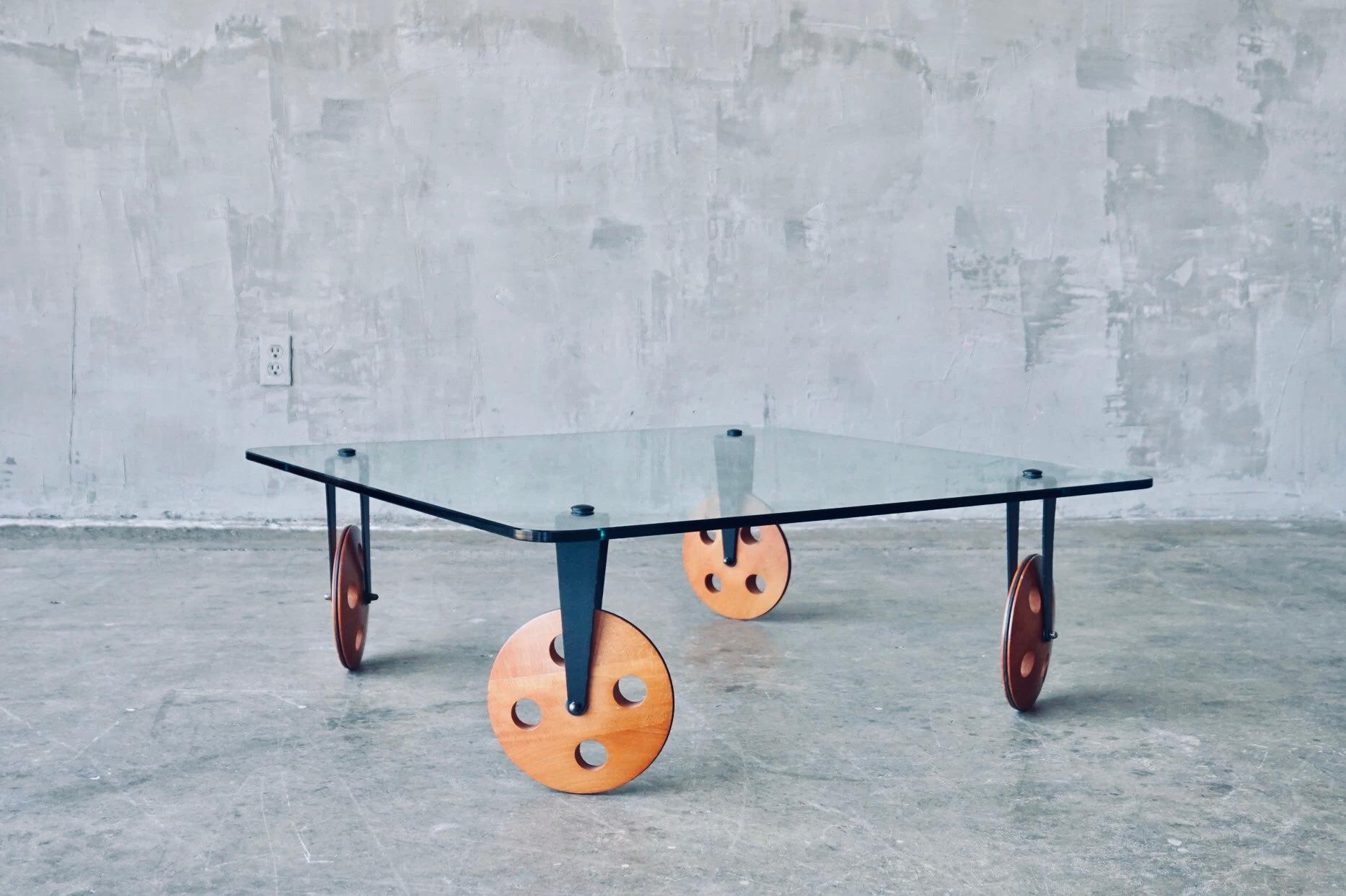 Gae Aulenti Postmodern Industrial insp Coffee Table lWood Wheels Fontana Arte For Sale 4