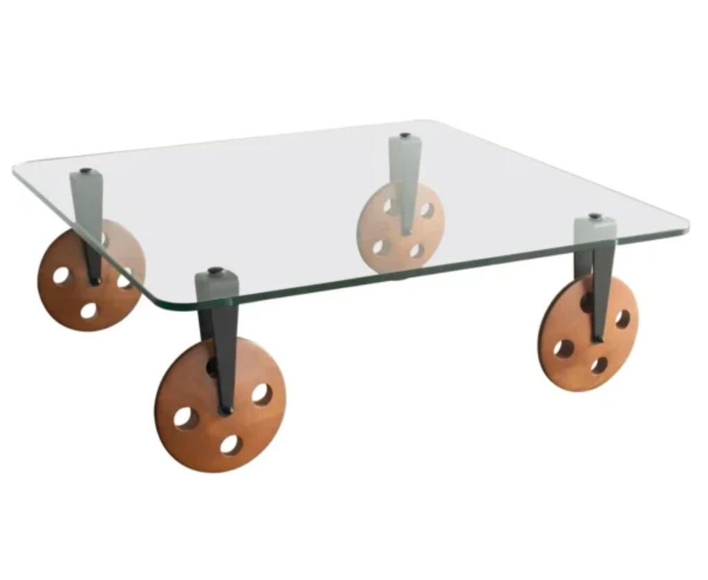 Gae Aulenti Postmodern Industrial insp Coffee Table lWood Wheels Fontana Arte For Sale 5