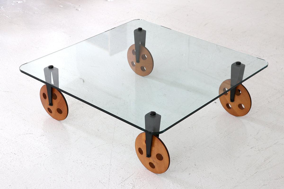 Gae Aulenti Postmodern Industrial insp Coffee Table lWood Wheels Fontana Arte For Sale 6
