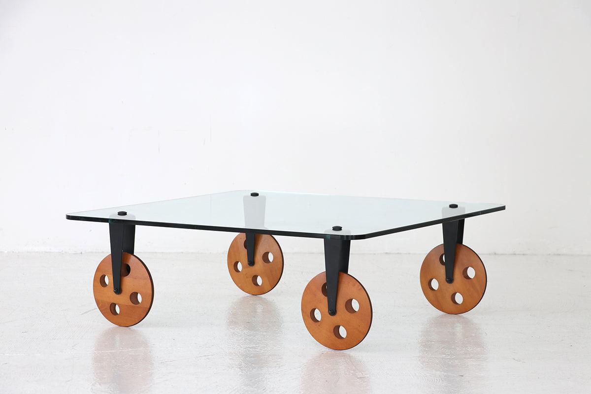 Gae Aulenti Postmodern Industrial insp Coffee Table lWood Wheels Fontana Arte For Sale 8