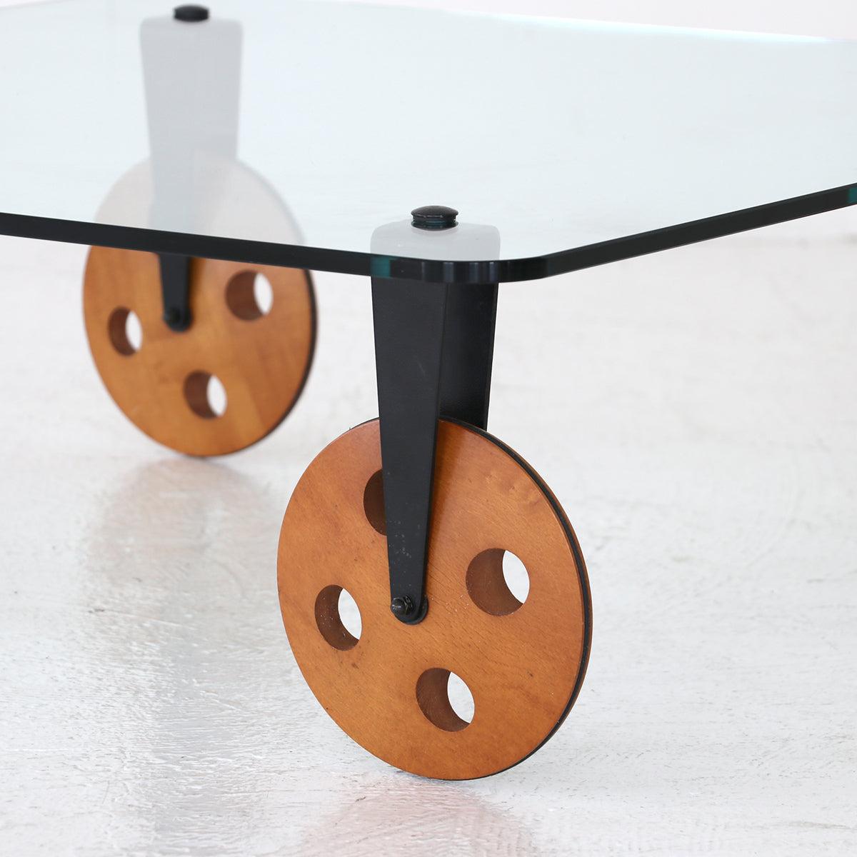 Gae Aulenti Postmodern Industrial insp Coffee Table lWood Wheels Fontana Arte For Sale 9