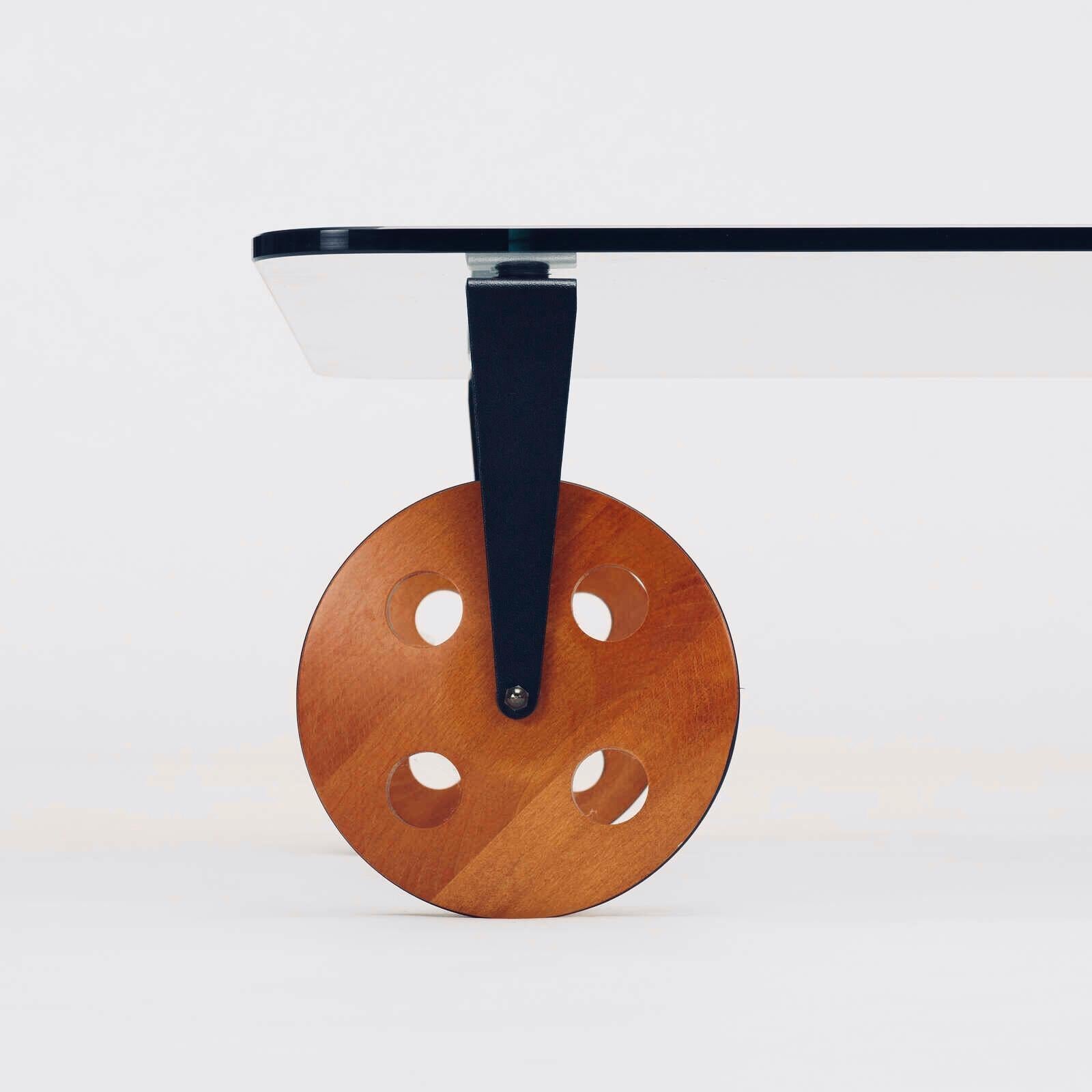 Post-Modern Gae Aulenti Postmodern Industrial insp Coffee Table lWood Wheels Fontana Arte For Sale