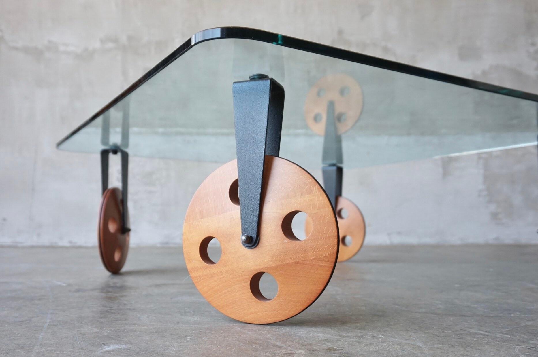 Italian Gae Aulenti Postmodern Industrial insp Coffee Table lWood Wheels Fontana Arte For Sale