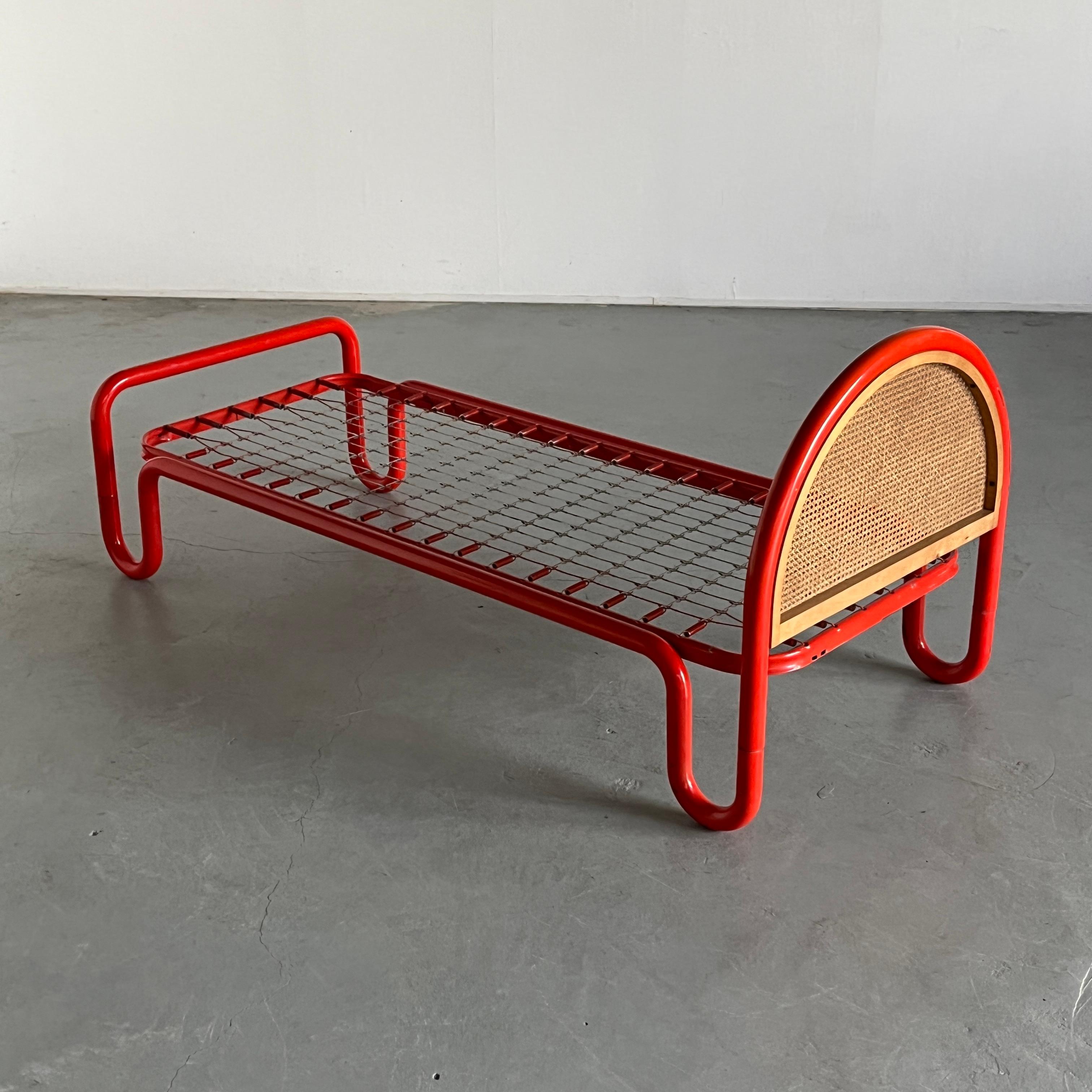 Mid-Century Modern Gae Aulenti Style Tubular Metal and Cane Bed Frame, 1960s Italy For Sale