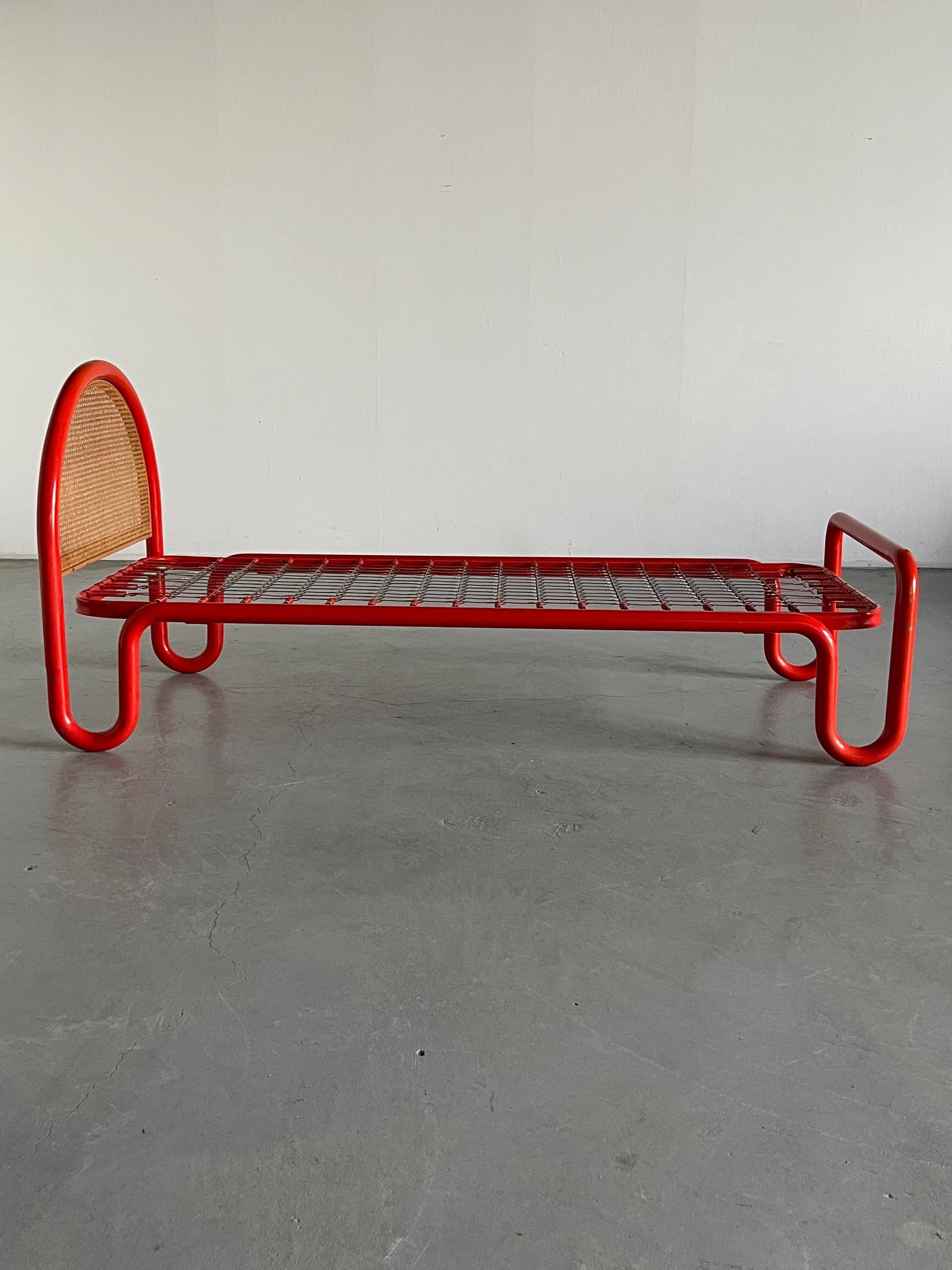 Italian Gae Aulenti Style Tubular Metal and Cane Bed Frame, 1960s Italy For Sale