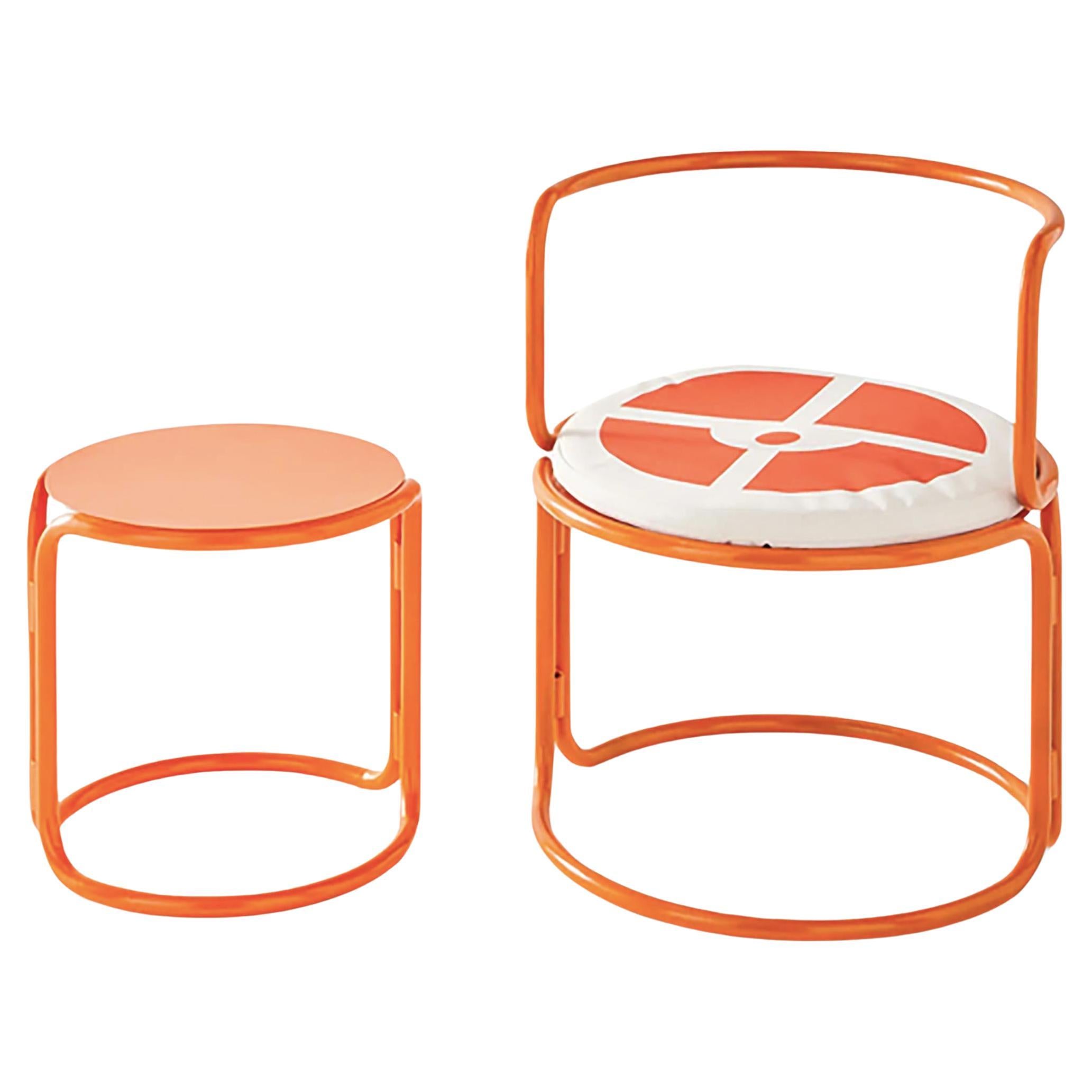 Gae Aulenti, two orange lacquered stools / low tables