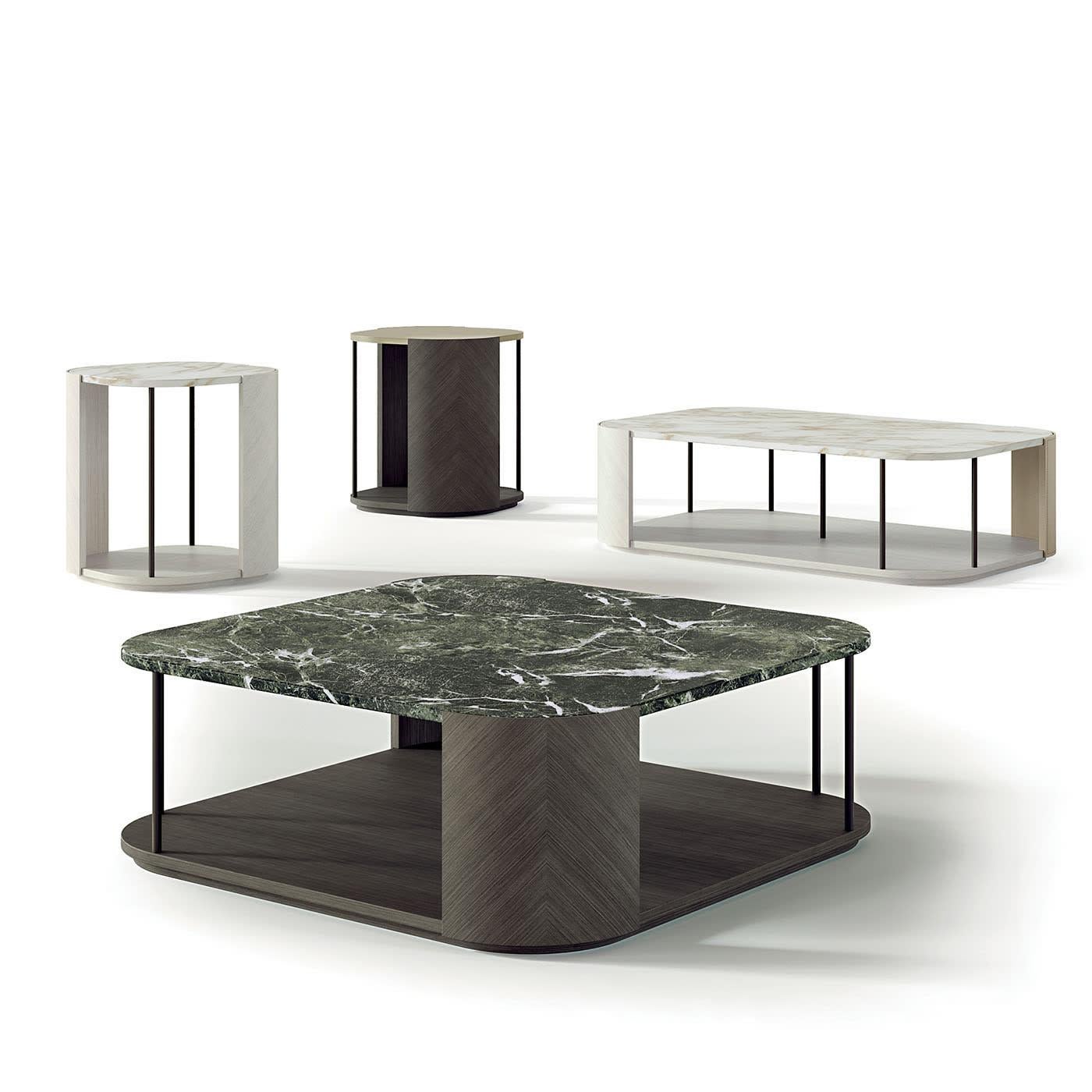 Coffee table inspired by the Gae bookcase. The curved elements are in light Tay and leather with a matt gold Calacatta marble top. Metal supports are in bronze-gold finish.