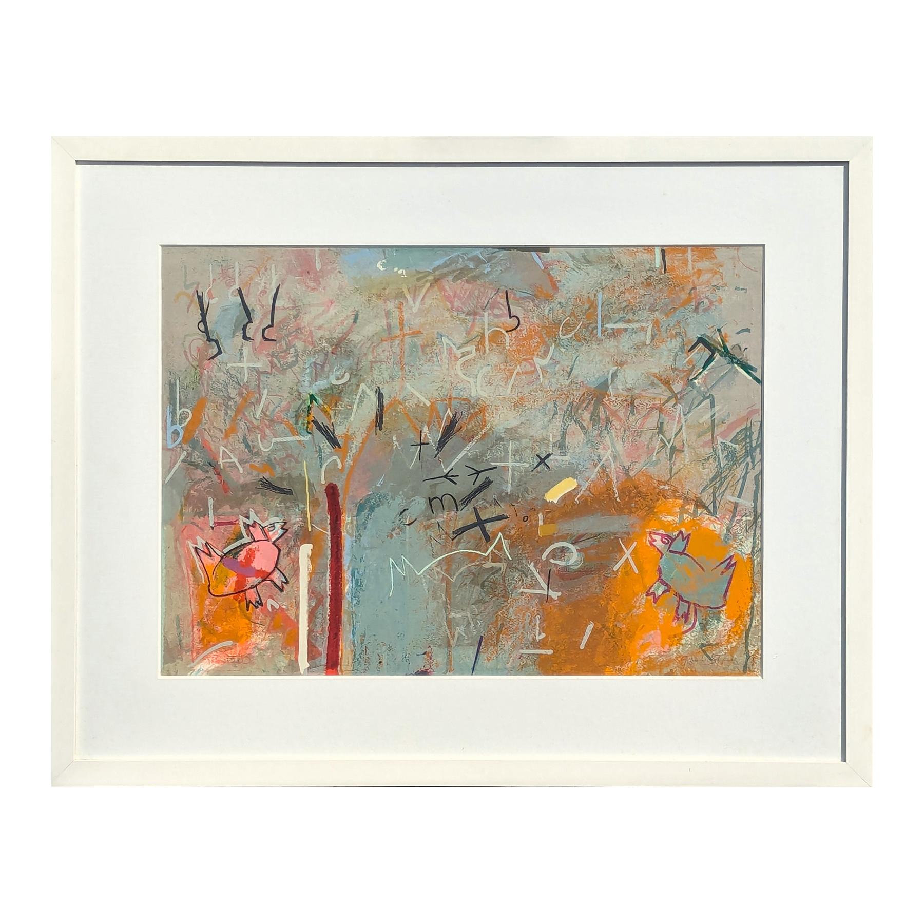 Contemporary grey and orange toned mixed media abstract by Houston based artist Gael Stack. The work features various animal-like drawings along with abstracted writing and glyphs. Numbered 13/15 in the front lower left corner as well as signed and
