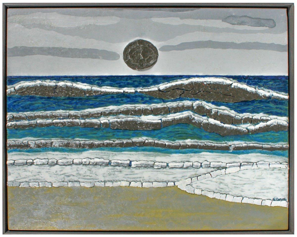 Gaétan Caron Landscape Painting - "Ebb and Flow" 2019 Oil Painting & Clay Collage of the Sea