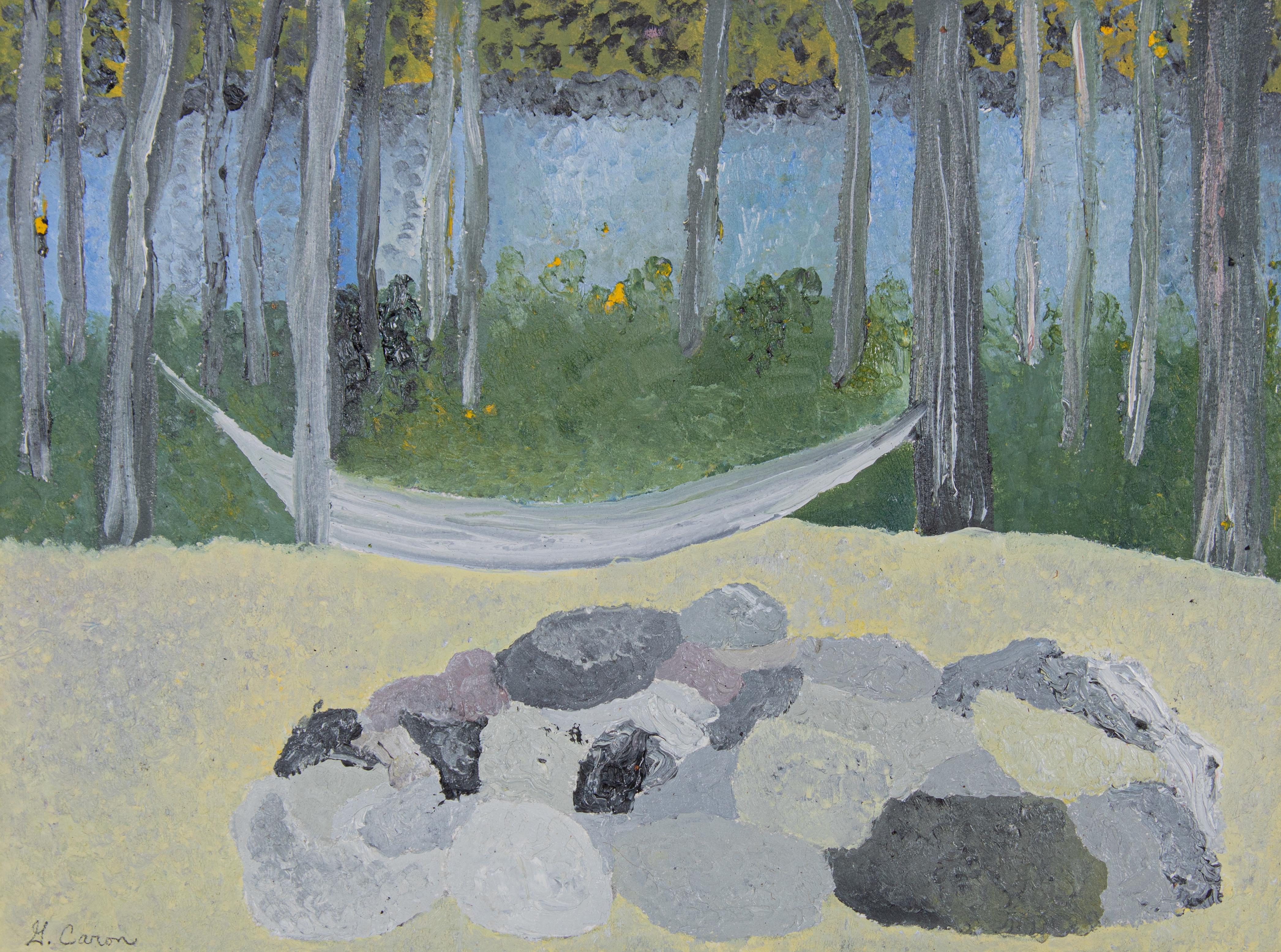 Gaétan Caron Landscape Painting - "Fire Pit" Marchs Pond, NH 2021 Oil on Paper