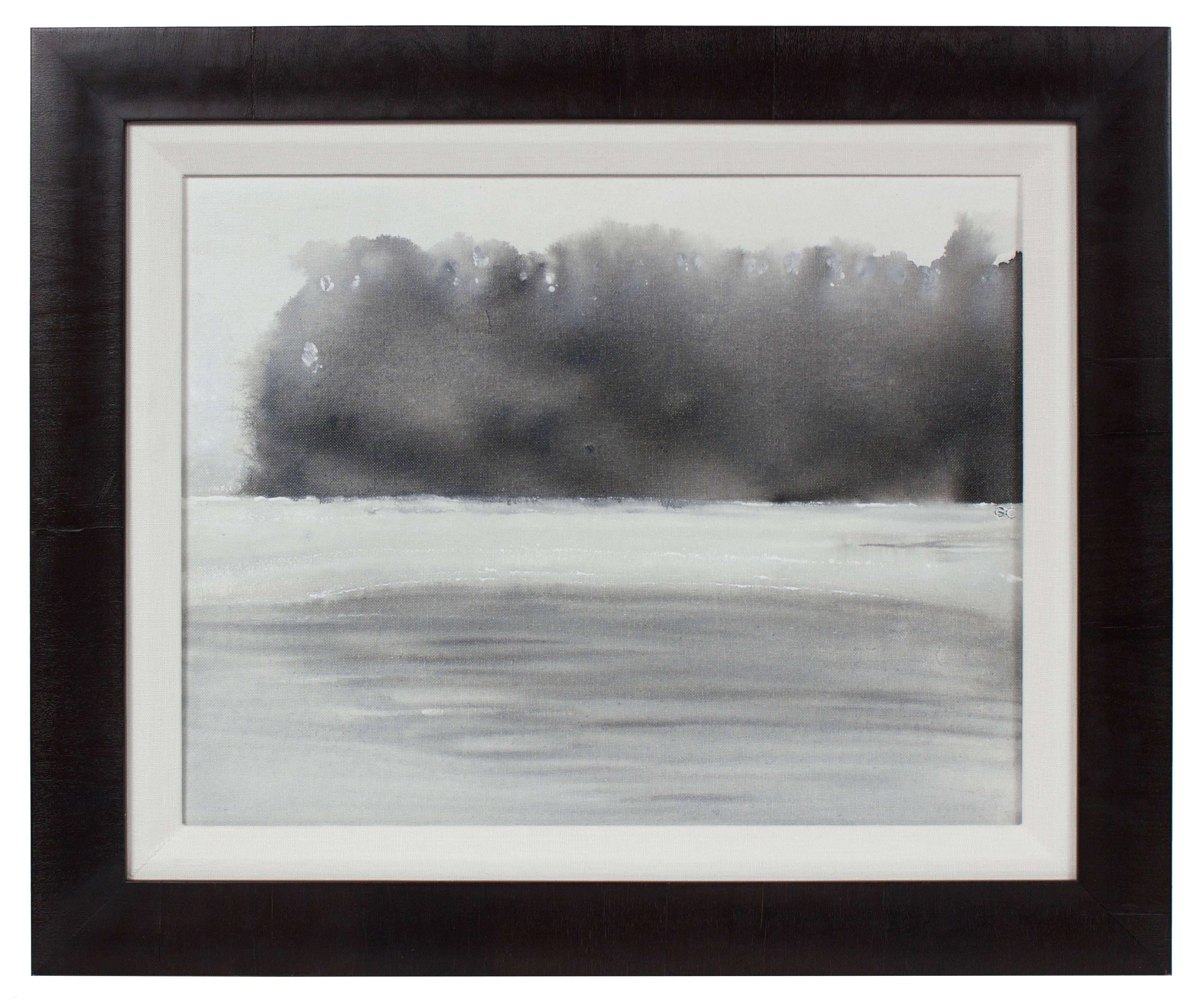Gaétan Caron Landscape Painting - "Summer Fog" Abstracted Monochromatic New Hampshire Landscape in Ink, 2017