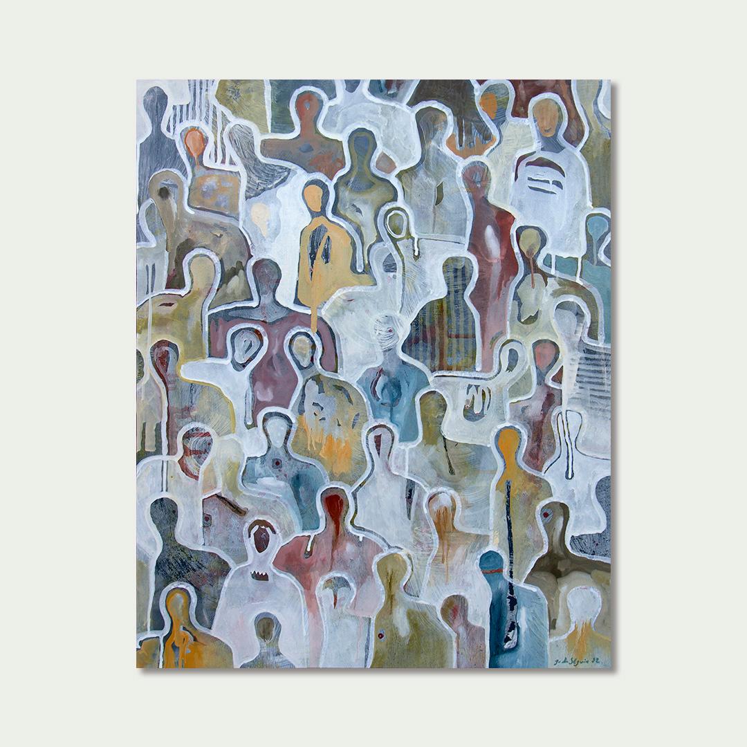 Awakening Together by Gaetan de Seguin Figurative contemporary Painting - Gray Figurative Painting by Gaëtan de Seguin