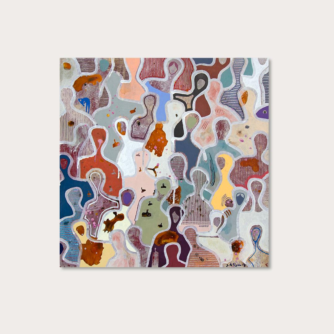 Cherishing Friendship by Gaetan de Seguin Figurative contemporary Painting - Gray Abstract Painting by Gaëtan de Seguin