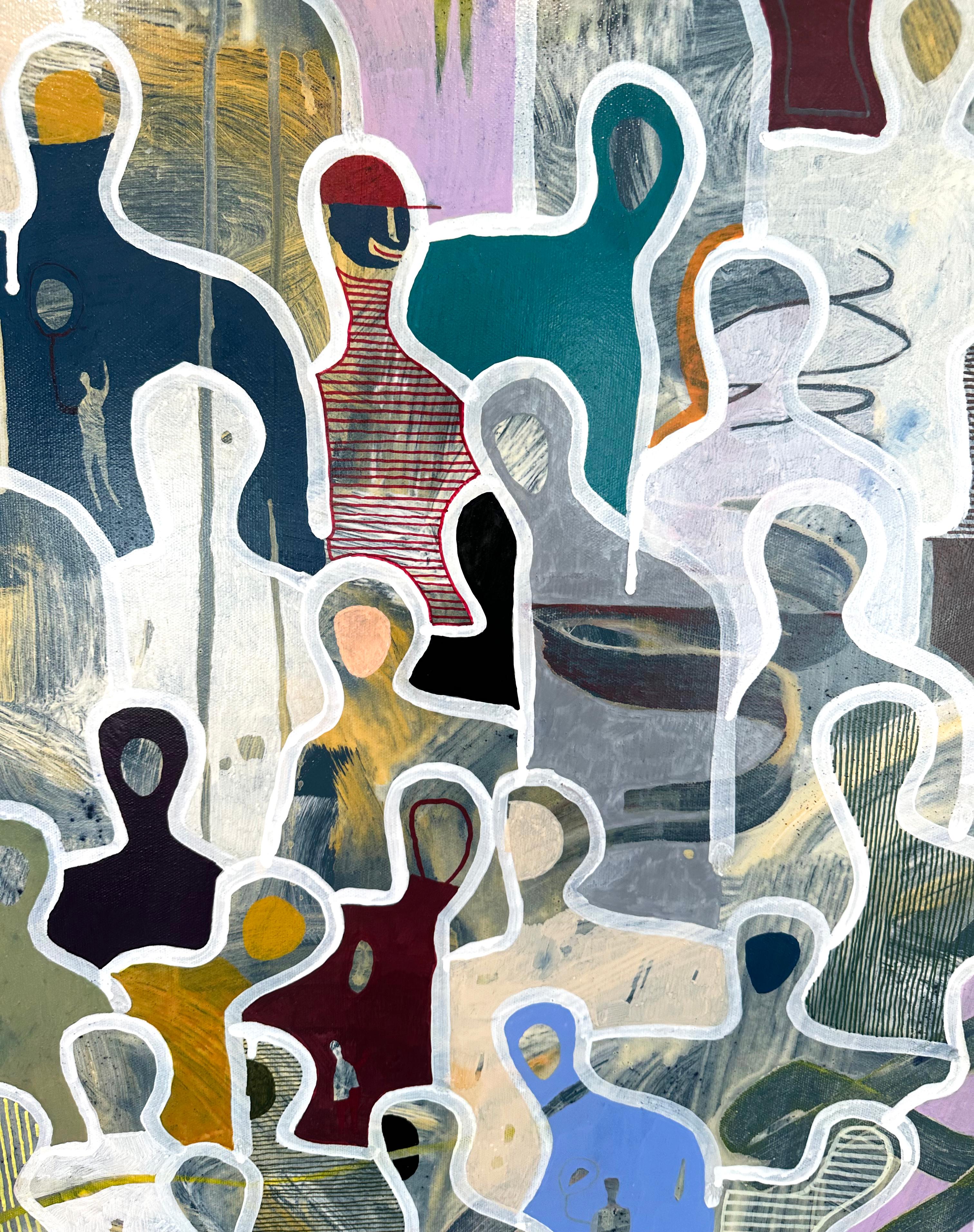 Surrounded by Friends by Gaetan de Seguin - Figurative contemporary Painting - Gray Figurative Painting by Gaëtan de Seguin
