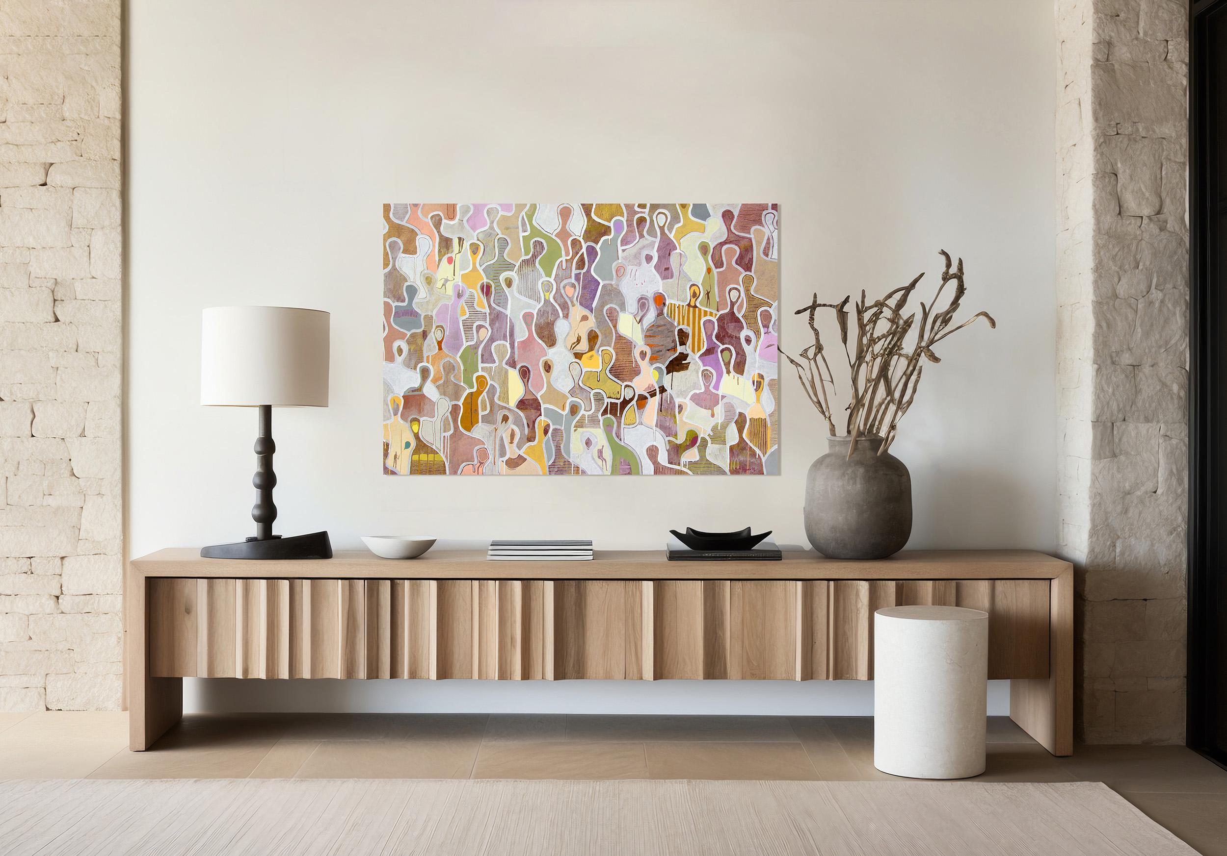 
Peinture figurative contemporaine avec beaucoup de détails et de mouvement. Une belle pièce d'apparat pour toute collection d'art. Combiner un grand nombre de couleurs différentes dans un intérieur et créer une scène avec des détails figuratifs de