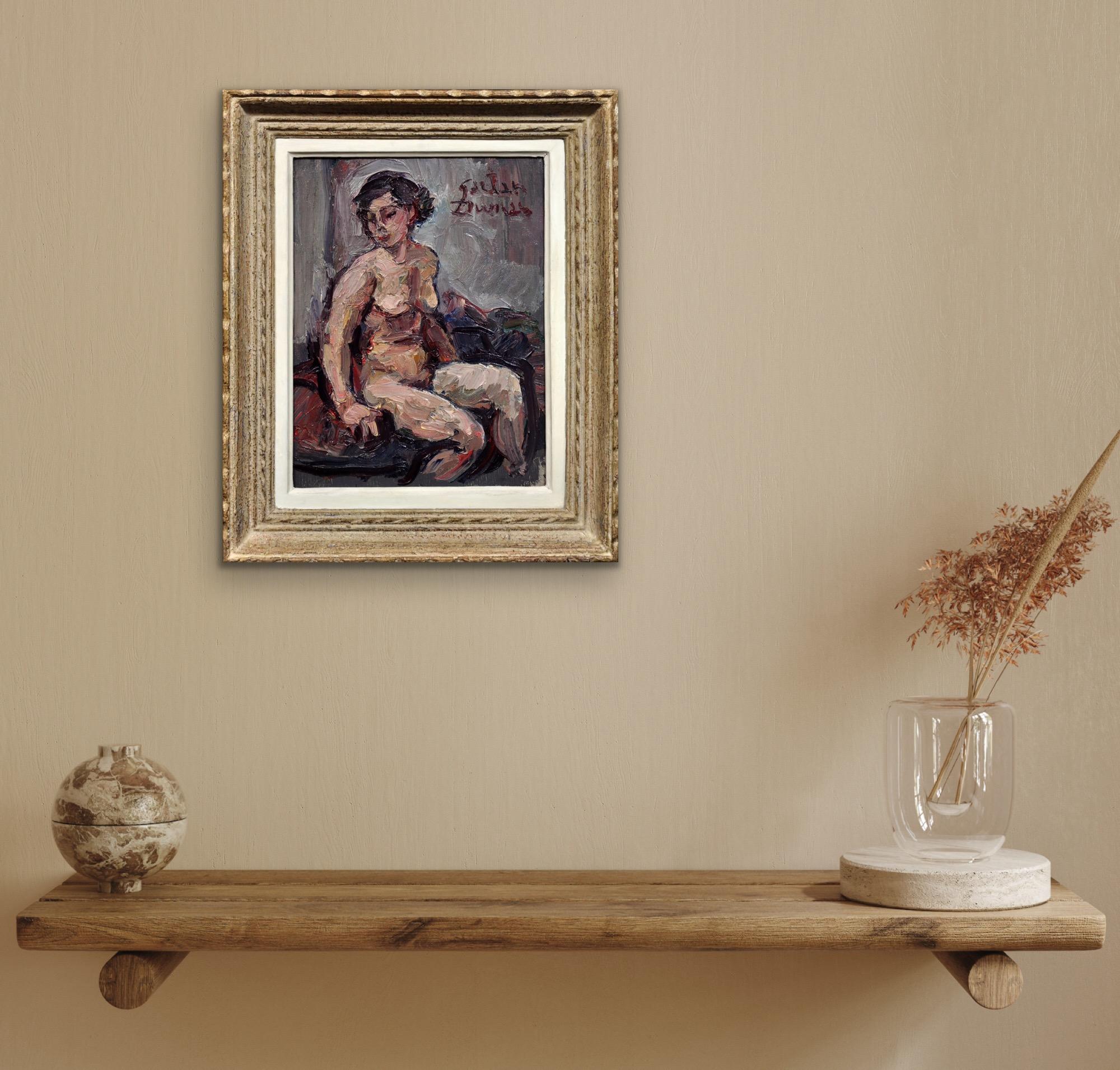 Pittura a olio francese di nudo femminile degli anni '30 Calore, contentezza e intimità incorniciata in vendita 8