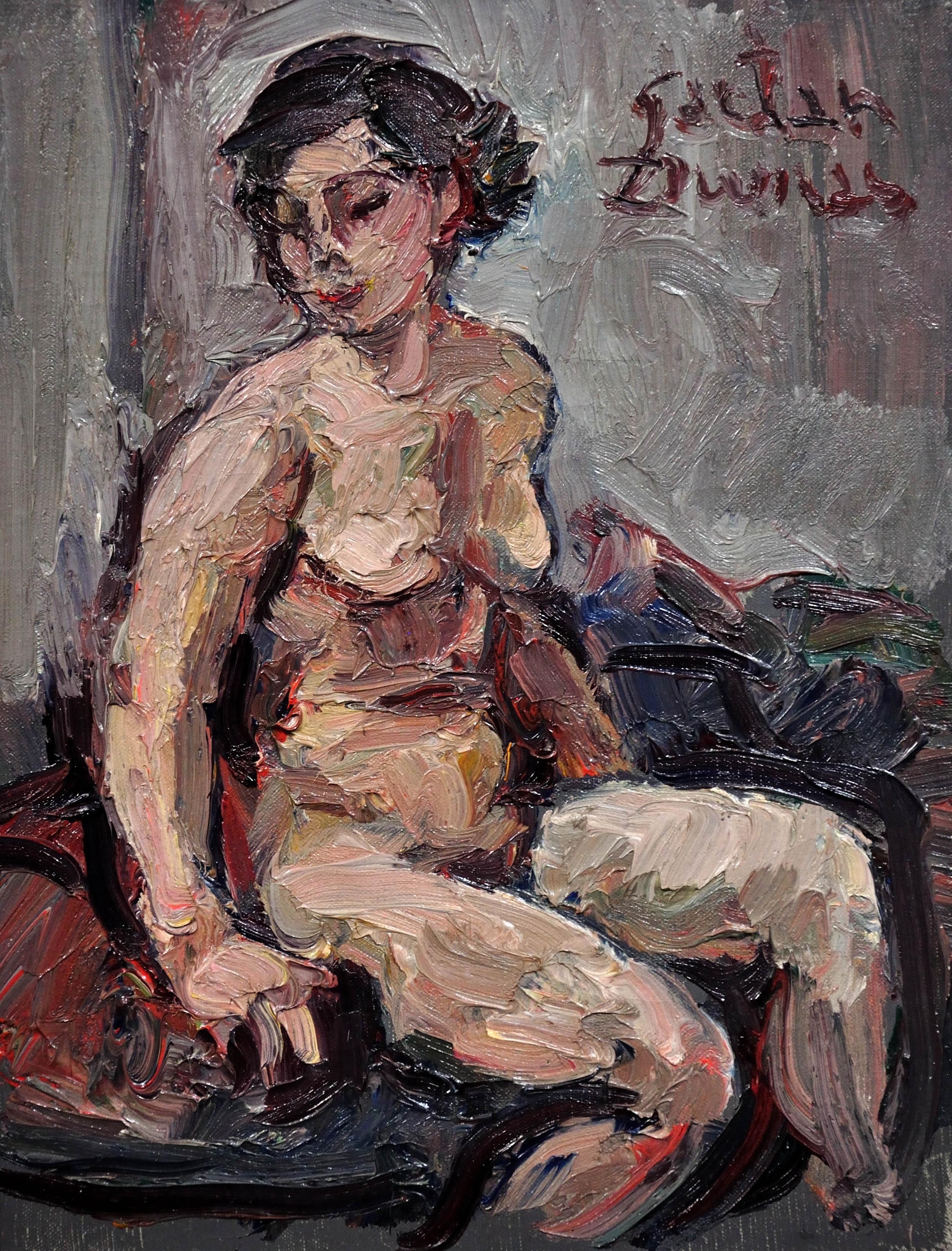 Pittura a olio francese di nudo femminile degli anni '30 Calore, contentezza e intimità incorniciata - Painting di Gaetan Dumas