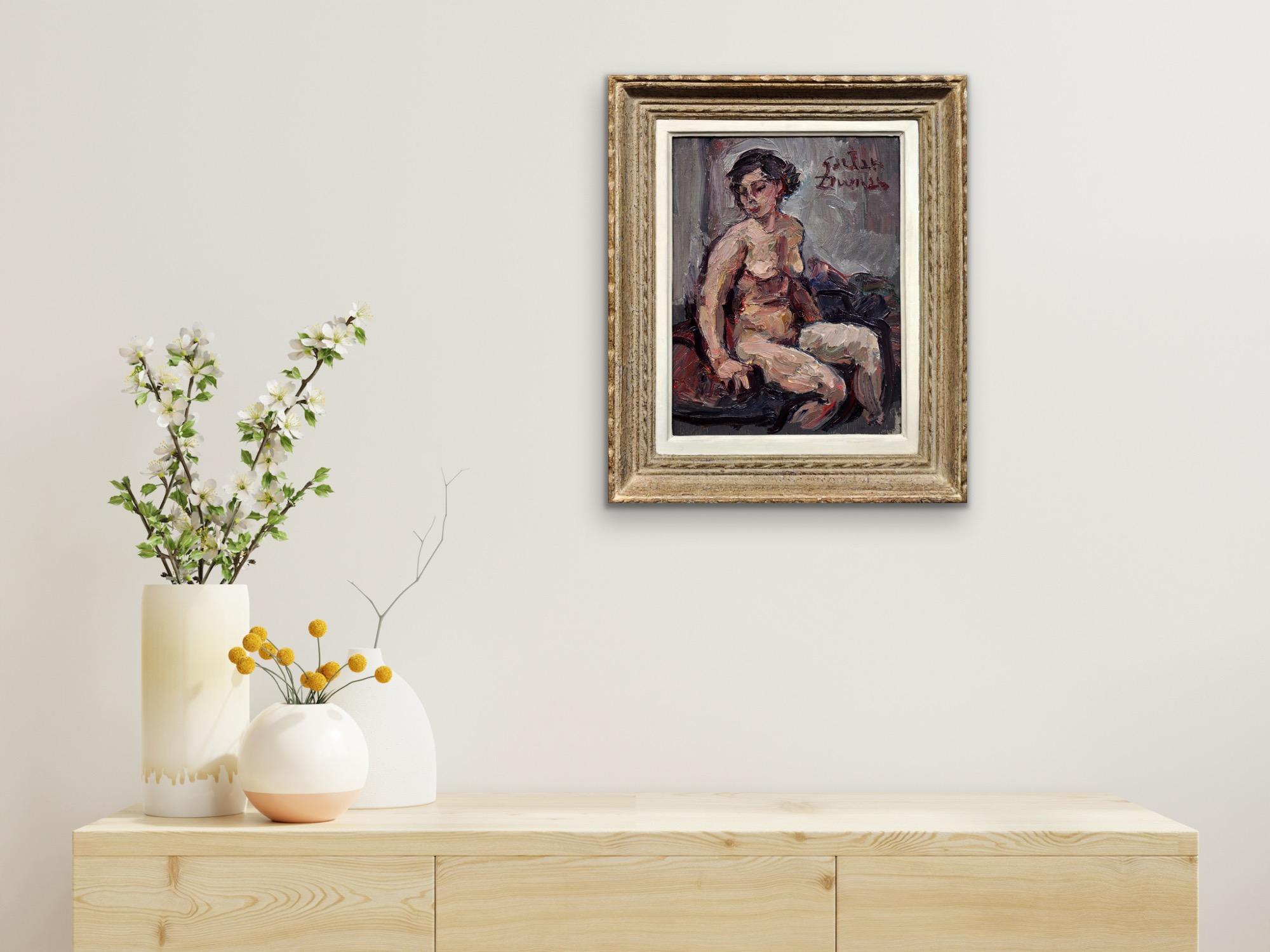 Pittura a olio francese di nudo femminile degli anni '30 Calore, contentezza e intimità incorniciata in vendita 4