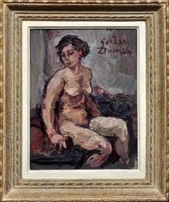 Pittura a olio francese di nudo femminile degli anni '30 Calore, contentezza e intimità incorniciata