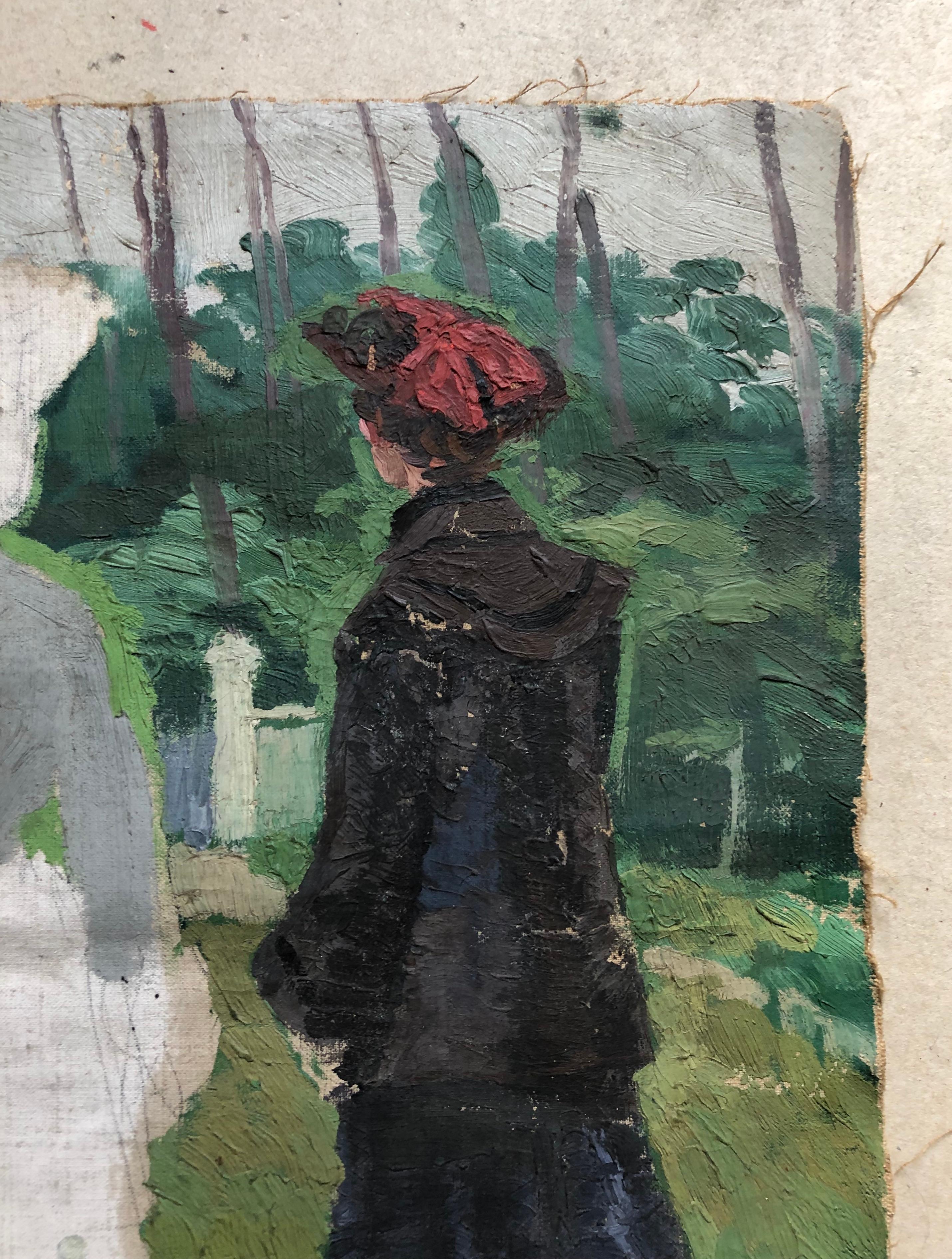 Elegant at the park.
Oil on canvas early 20th century, sketch.
Stamp from the Gaëtan Dumas workshop at the bottom right and on the back.
Traces of folds, small cracks and small paint losses.
39 x 31 cm