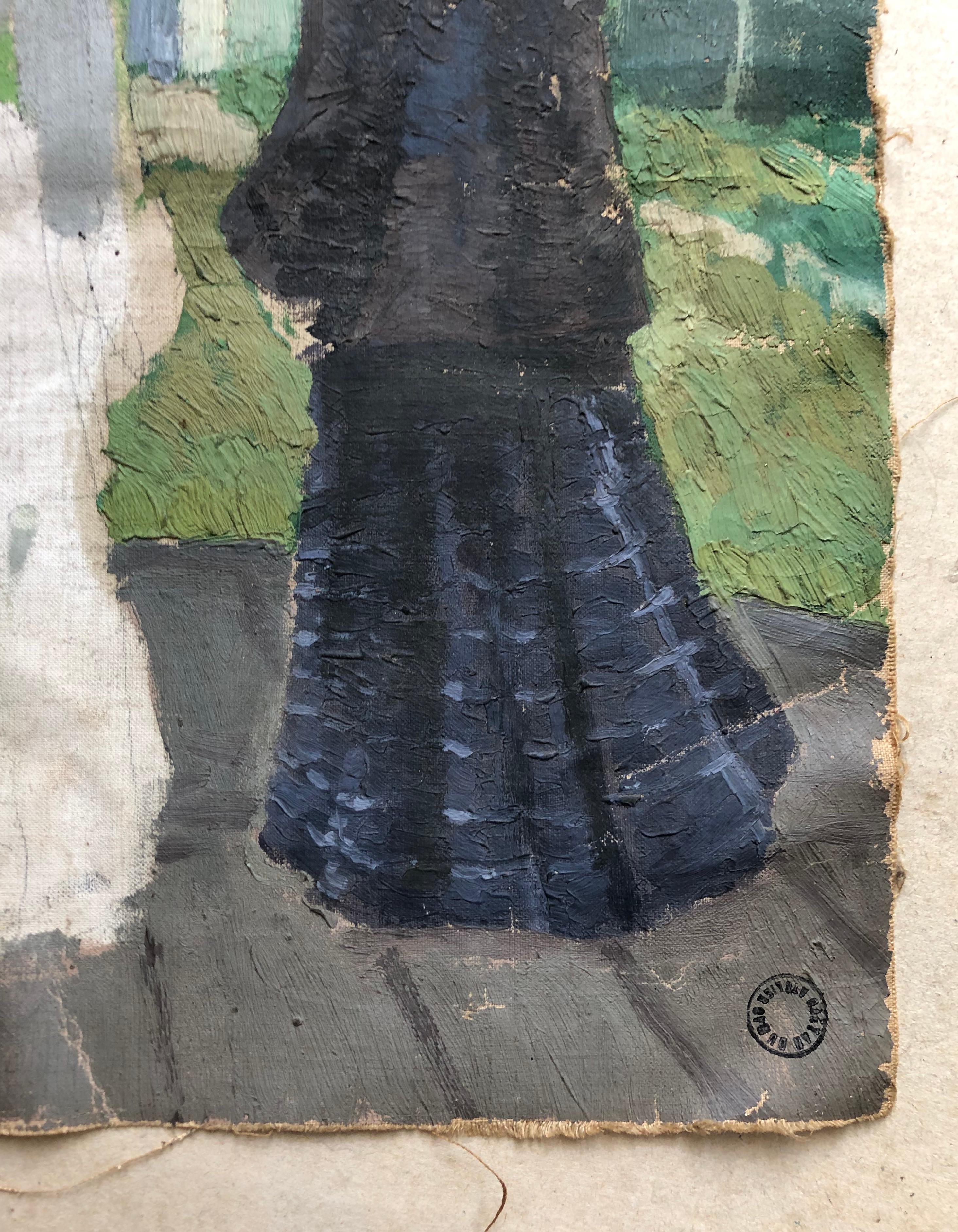 Eleganza al parco.
Olio su tela dell'inizio del XX secolo, schizzo.
Timbro dell'atelier Gaëtan Dumas in basso a destra e sul retro.
Tracce di pieghe, piccole crepe e piccole perdite di vernice.
39 x 31 cm