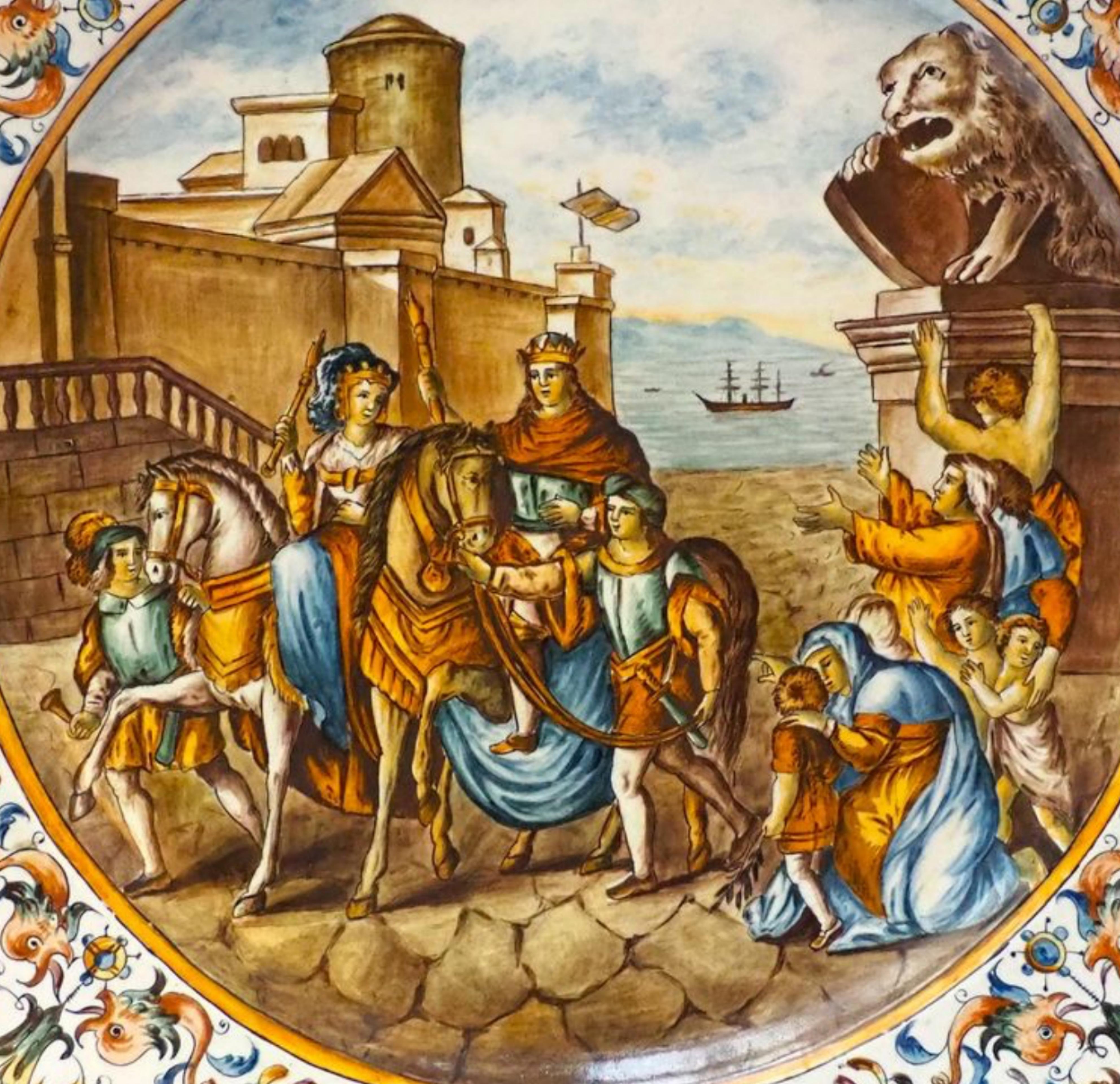 Gaetano BATTAGLIA (Naples-Italie-Active entre 1850 et 1885)
Grand plat circulaire en faïence
dans le style des majoliques italiennes, avec un décor historié polychrome sur le bassin, le bord étant décoré de rinceaux, mascarons, dauphins et portraits