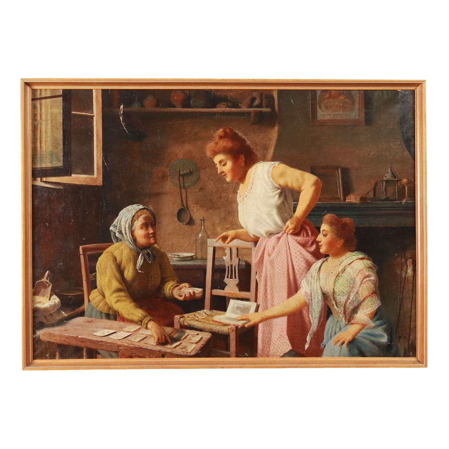 Oil on Canvas. Unsigned, but on the back is a dedication "To Mrs. Clelia Mazzioli, with esteem Gaetano Bellei January 23, 1909."
The large scene, set inside a popular kitchen, features a woman reading cards to two girls, who ask for explanations by