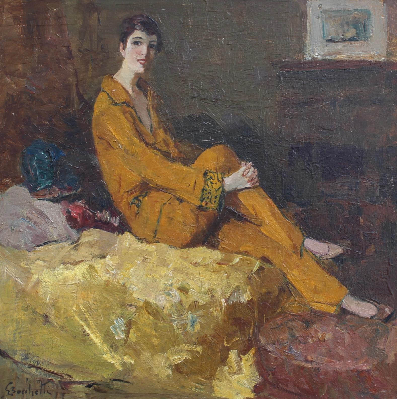 'Elegant Woman in an Interior', oil on panel (circa 1960s), by Gaetano Bocchetti. This painting captures its subject, an elegantly presented woman in her night clothes and indoor slippers glancing towards the viewer with a sense of serene