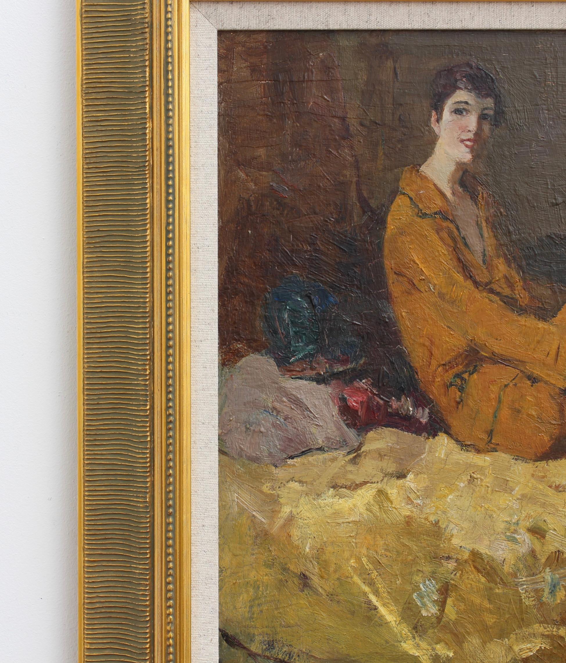 'Elegant Woman in an Interior' Italian Vintage Portrait Oil Painting  For Sale 3