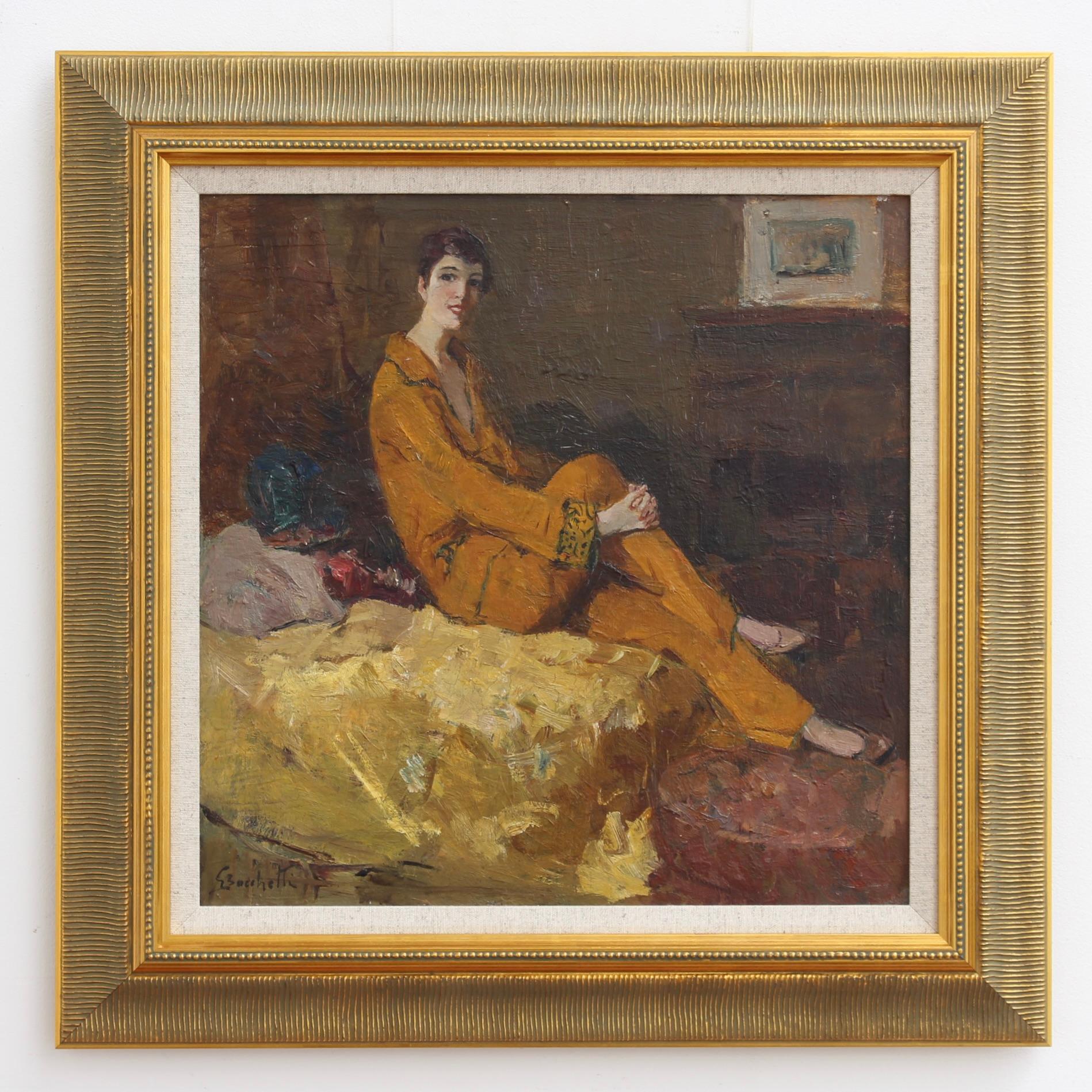 Peinture à l'huile italienne - Portrait vintage d'une femme héritière dans un intérieur 
