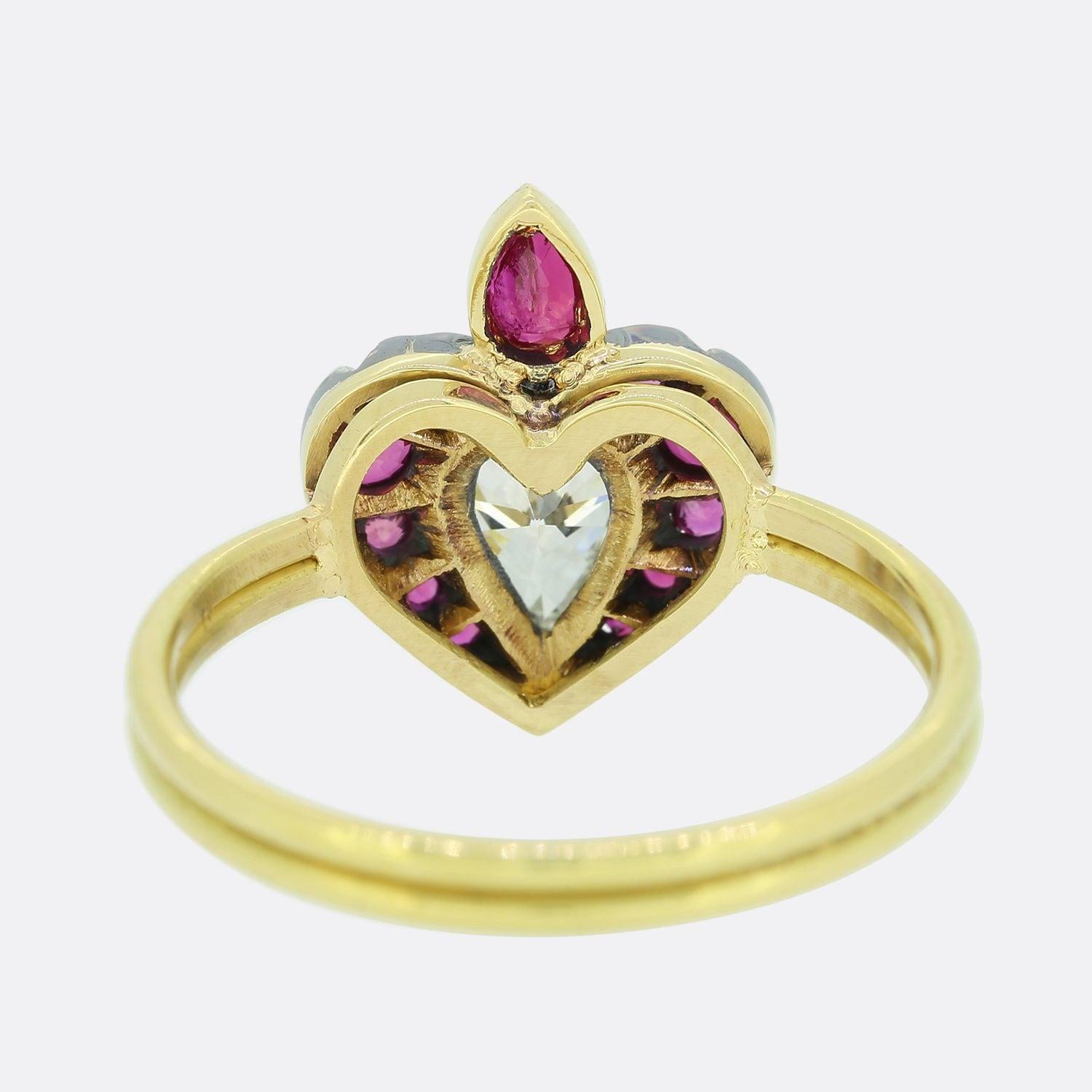 Pear Cut Gaetano Chiavetta 0.50 Carat Diamond and Ruby Flaming Heart Ring For Sale