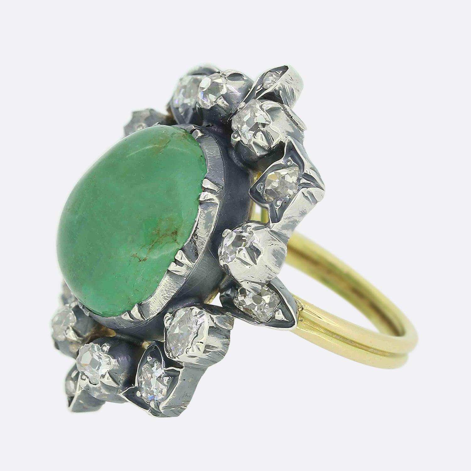 Here we have wonderful emerald and diamond ring from master antique jeweller, Gaetano Chiavetta. This piece has been created using components of an authentic Victorian brooch including the mount which possesses a fine array of old and rose cut