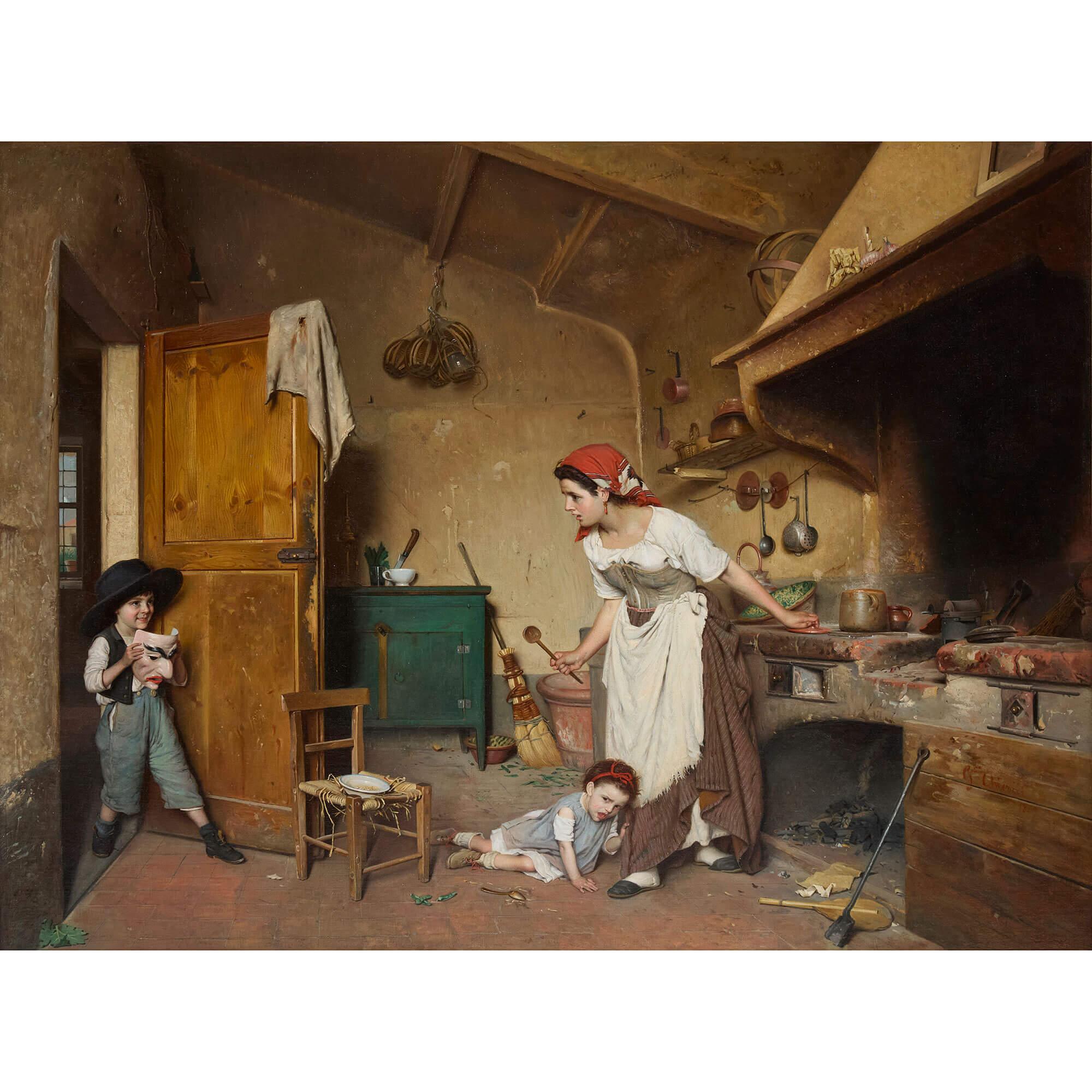 Large Antique Oil Painting by Chierici Entitled ‘The Mask’, 1869 - Brown Figurative Painting by Gaetano Chierici