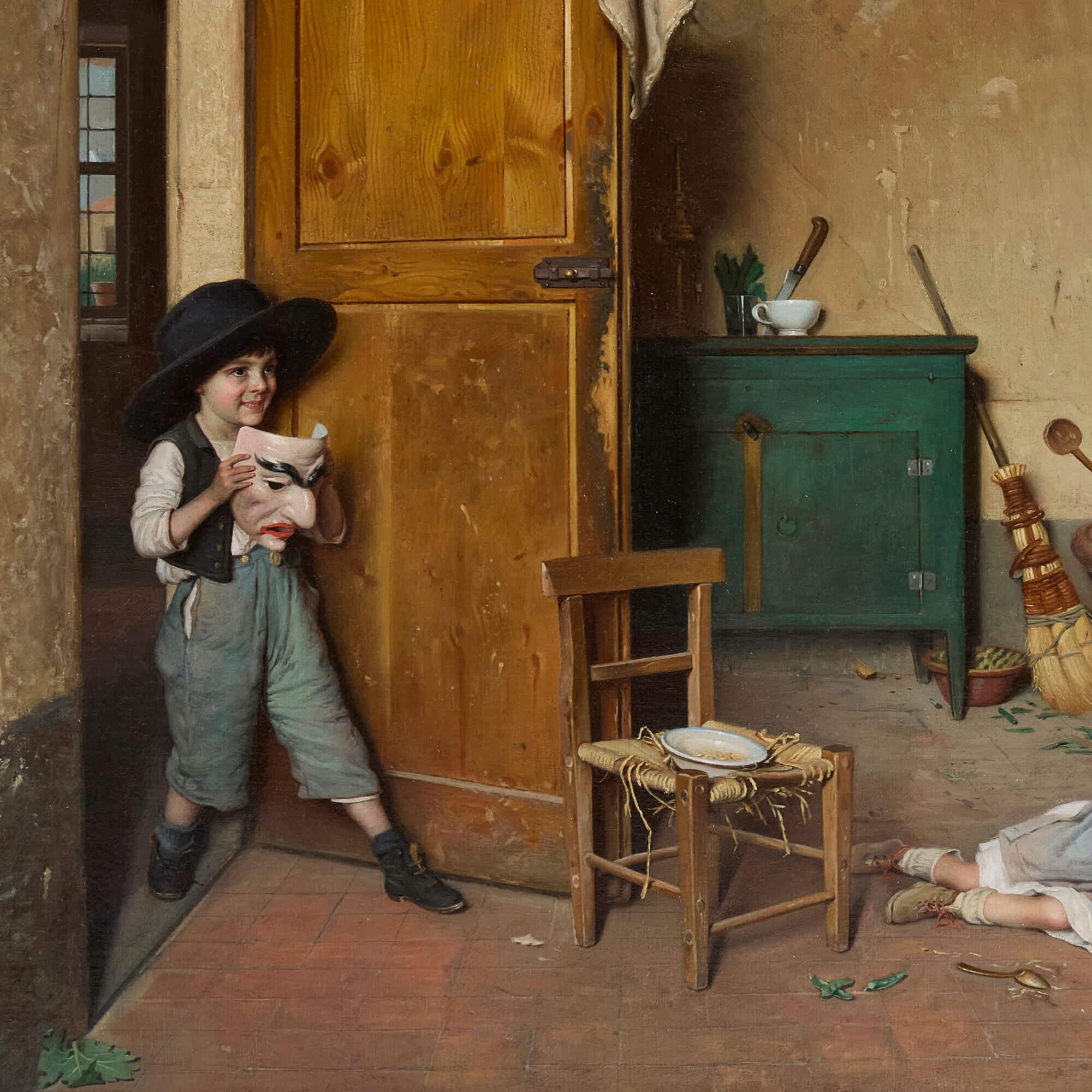 Large antique oil painting by Chierici entitled ‘The Mask’, 1869
Italian, 1869
Canvas: Height 72cm, width 96cm
Frame: Height 95cm, width 118cm, depth 8cm

This large-scale oil painting is by the Italian artist Gaetano Chierici (1838-1920).