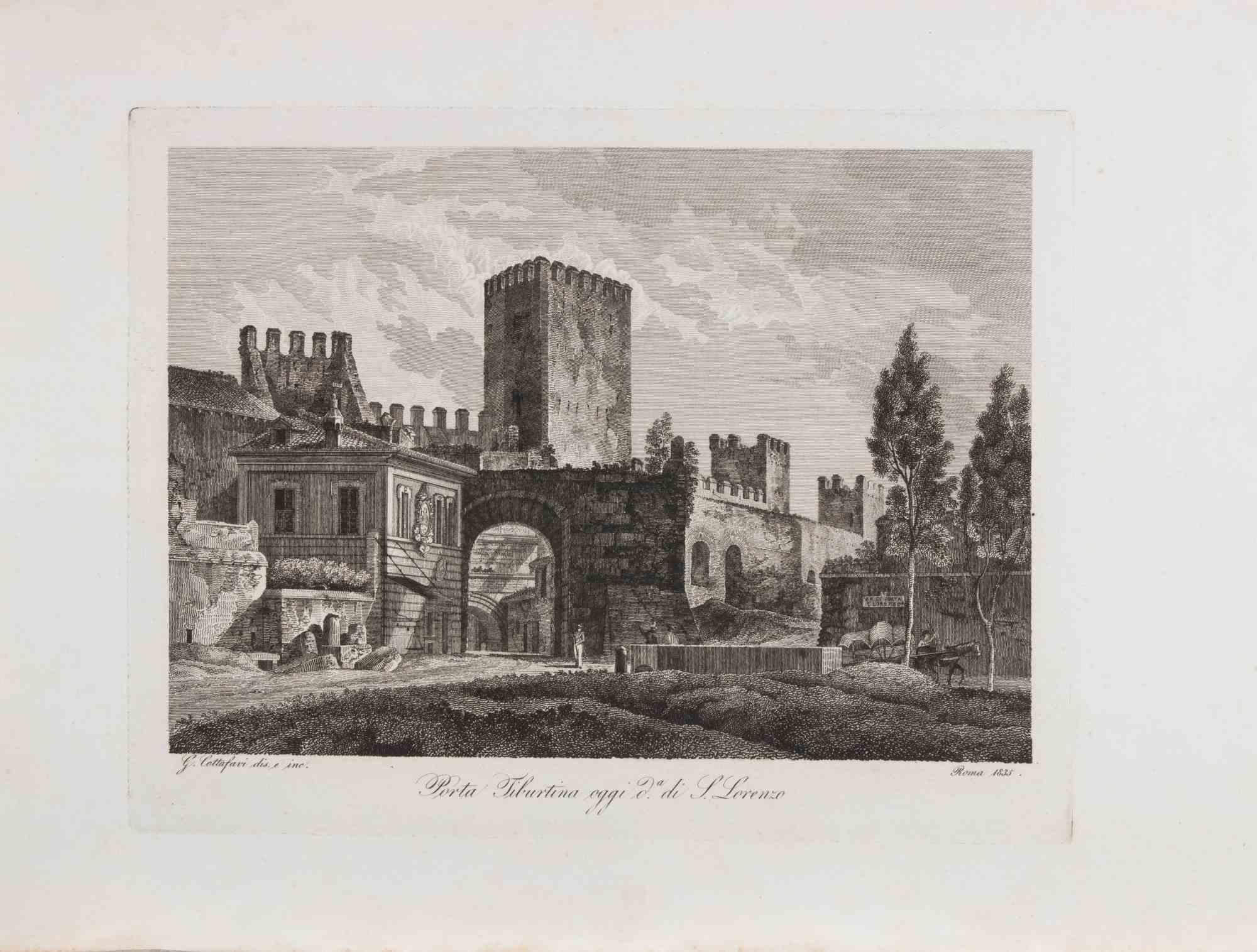 Vista di Porta Tiburtina oggi di... - Acquaforte di Gaetano Cottafavi - 1835