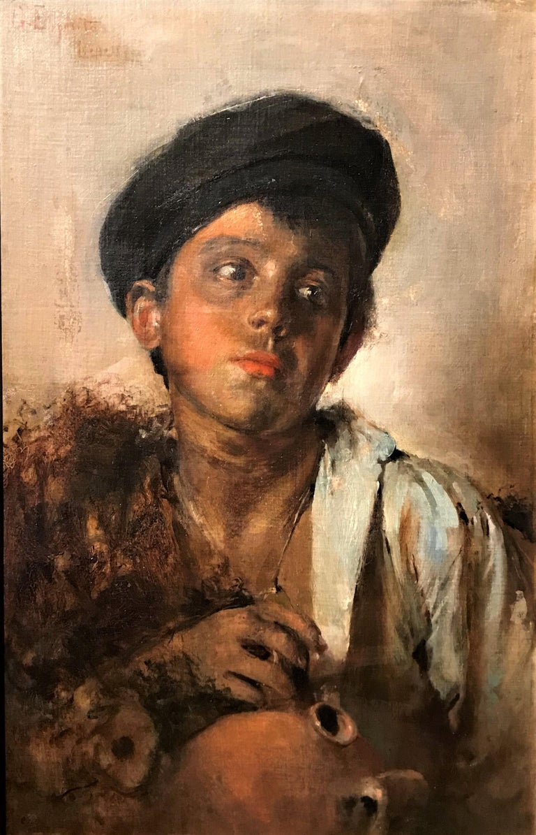 Portrait of a Neapolitan Boy, signed oil on canvas - Painting by Gaetano Esposito