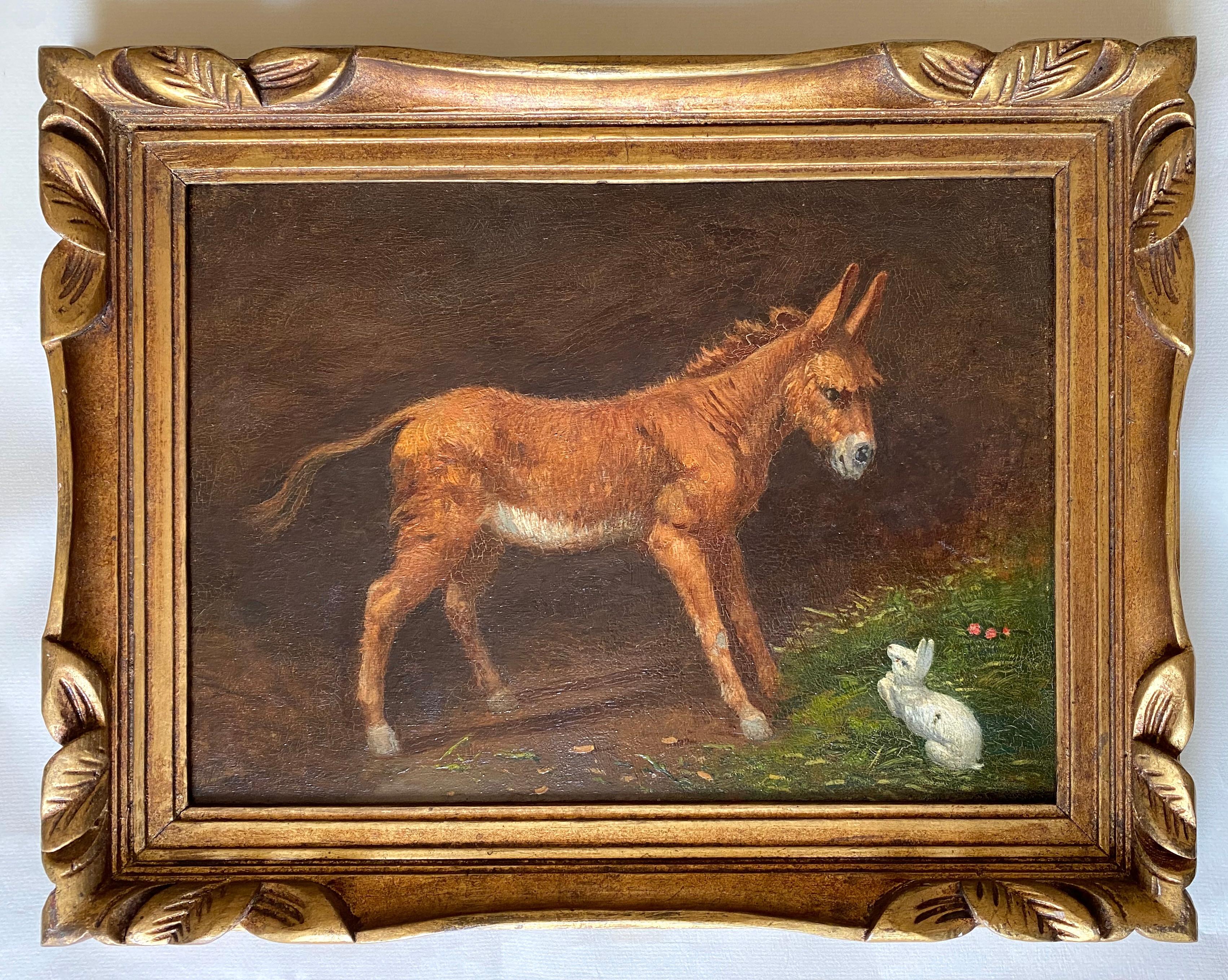 Little Mule and white rabbit: 1890s novecento animal equestrian horse painting - Painting by Gaetano Jerace