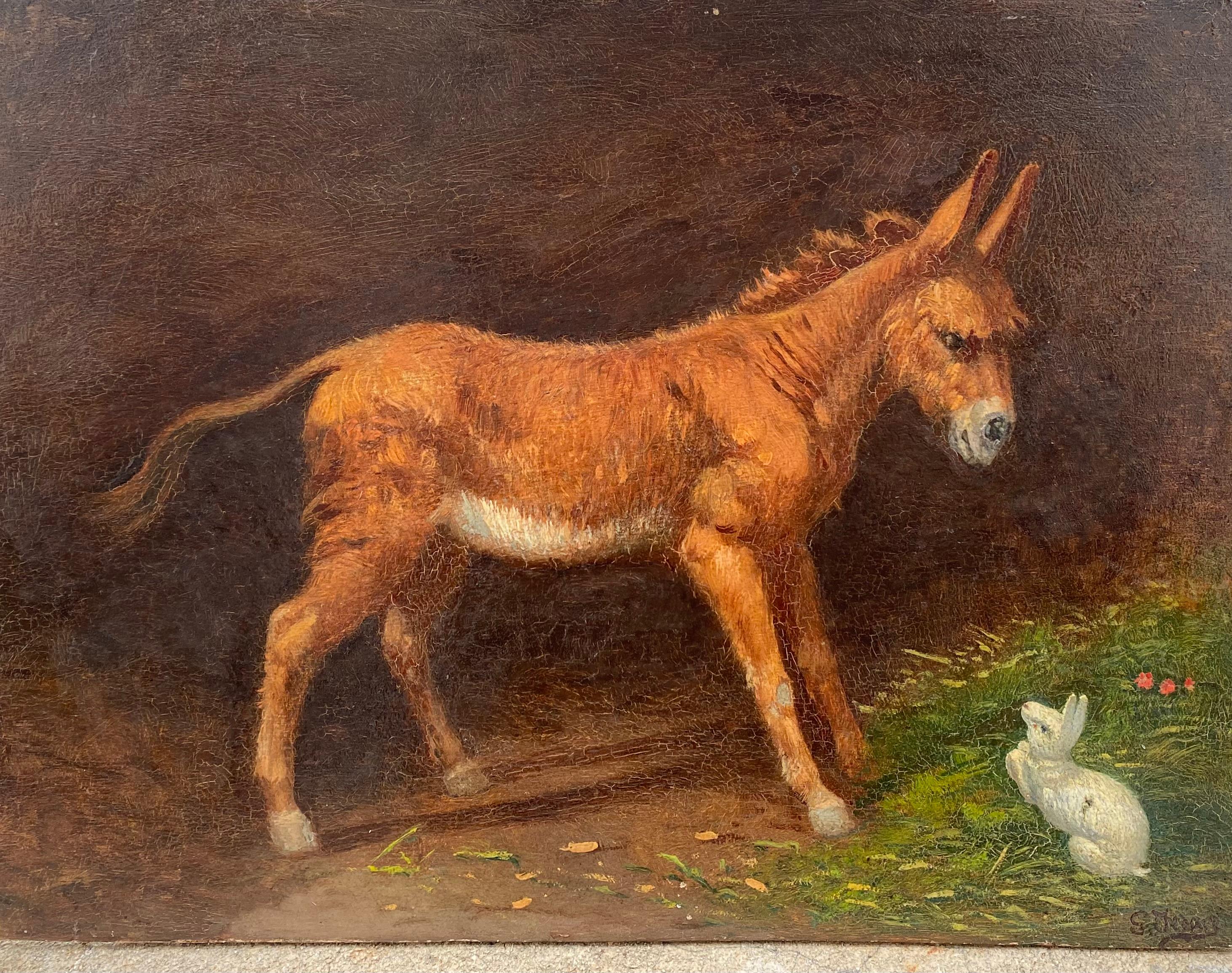 Petite mule et lapin blanc : peinture animalière équestre des années 1890 Novecento - Art nouveau Painting par Gaetano Jerace